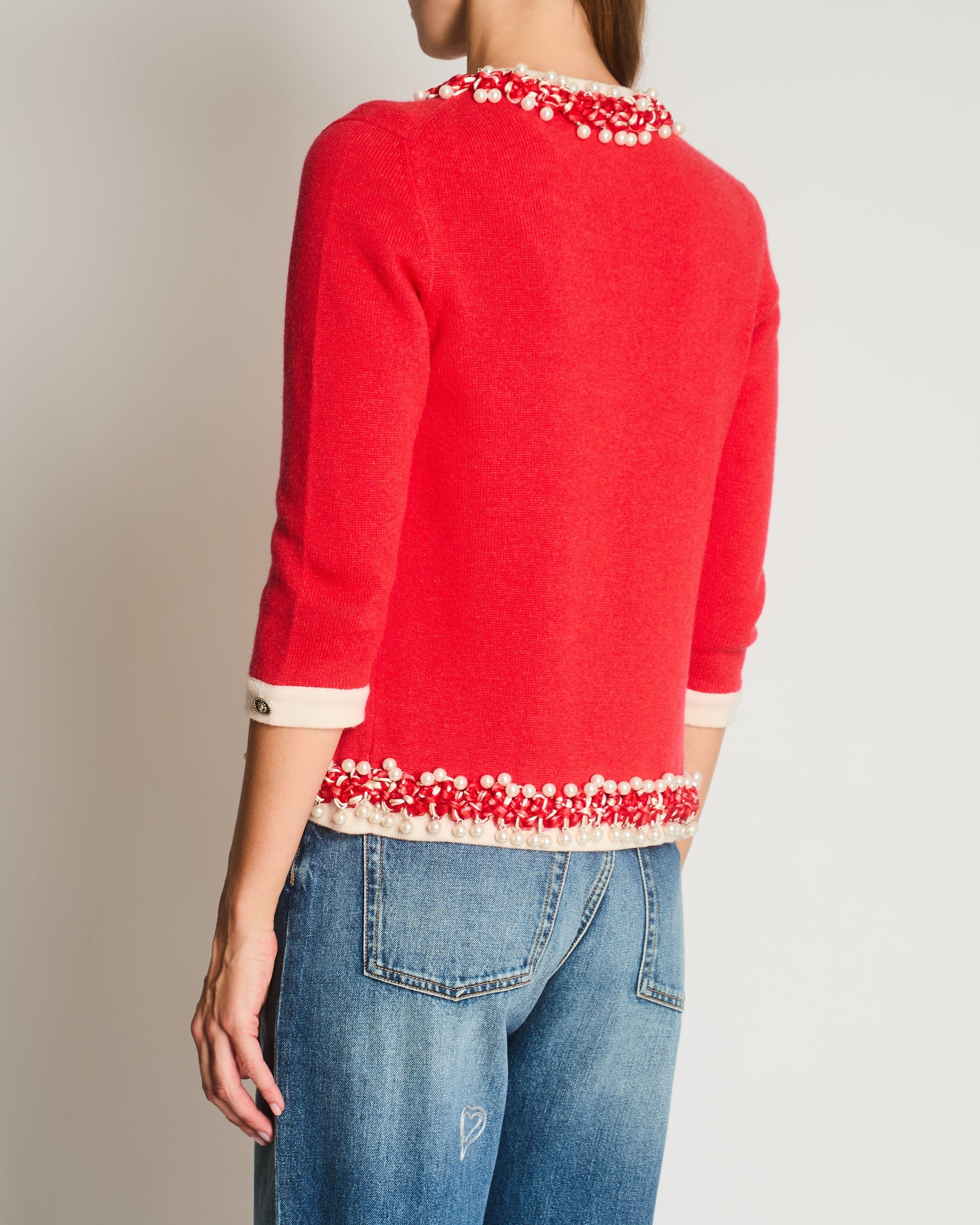 Chanel 10P Red Knitted Long Sleeve Cardigan With Pearls & Cream Braided Trim Details Fr 36 (Uk 8) Bag