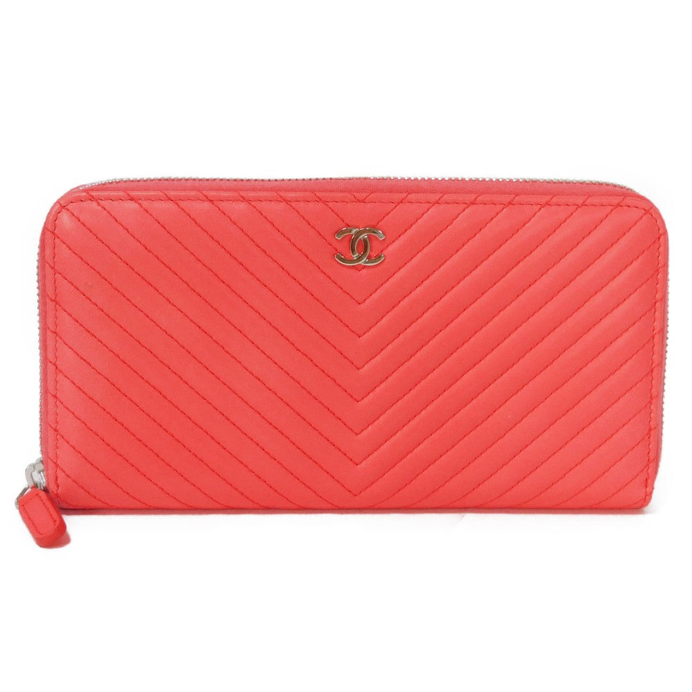 CHANEL Long Wallet Purse A50097 lambskin Coral pink COCO Mark Chevron Long Zip Wallet Women