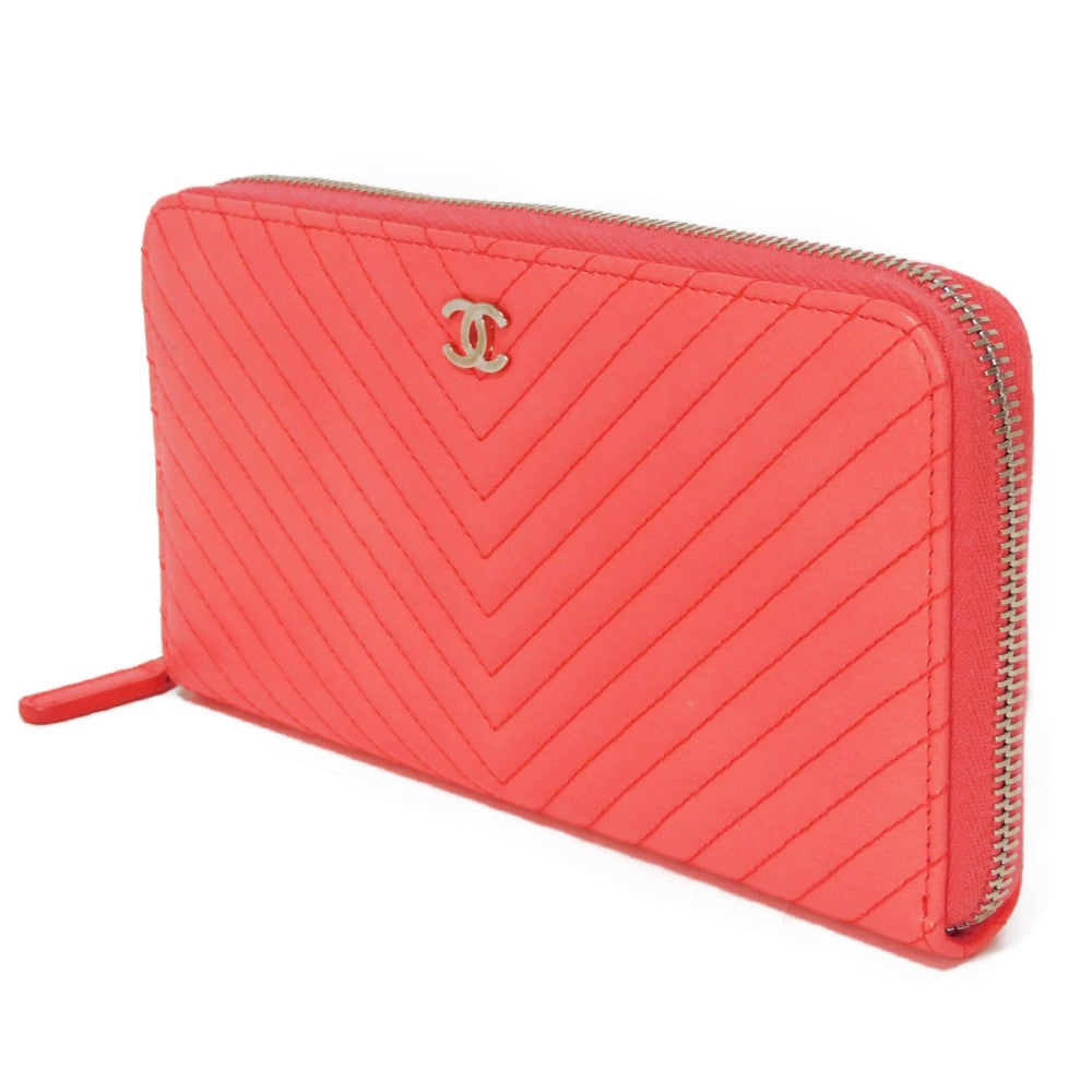 CHANEL Long Wallet Purse A50097 lambskin Coral pink COCO Mark Chevron Long Zip Wallet Women