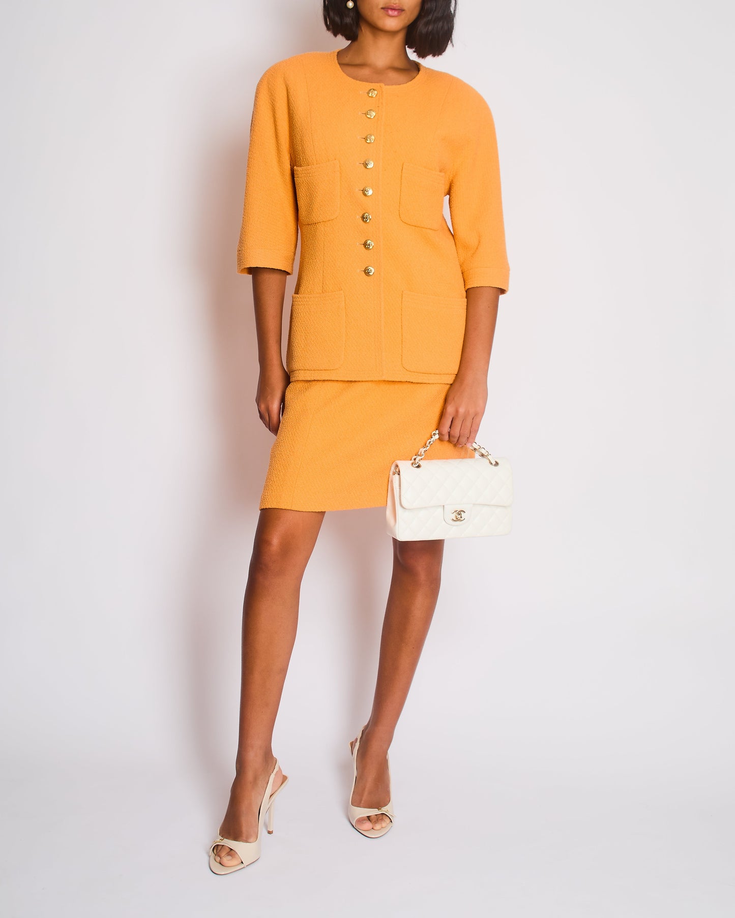 Chanel Orange   Jacket and Skirt Set with Gold CC Buttons Size FR 42 (UK 14)