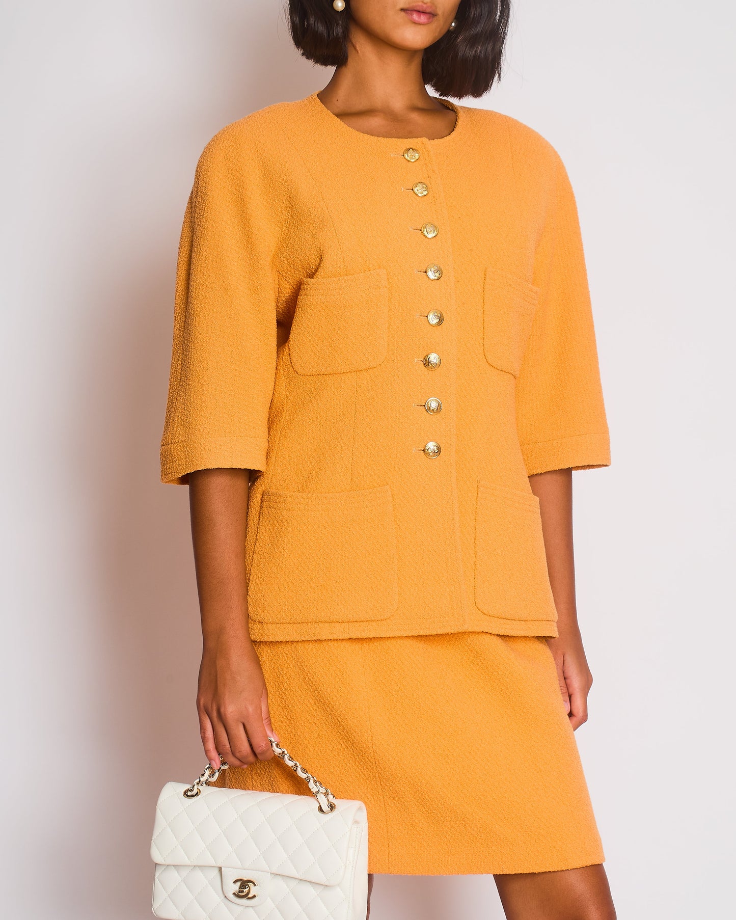 Chanel Orange   Jacket and Skirt Set with Gold CC Buttons Size FR 42 (UK 14)