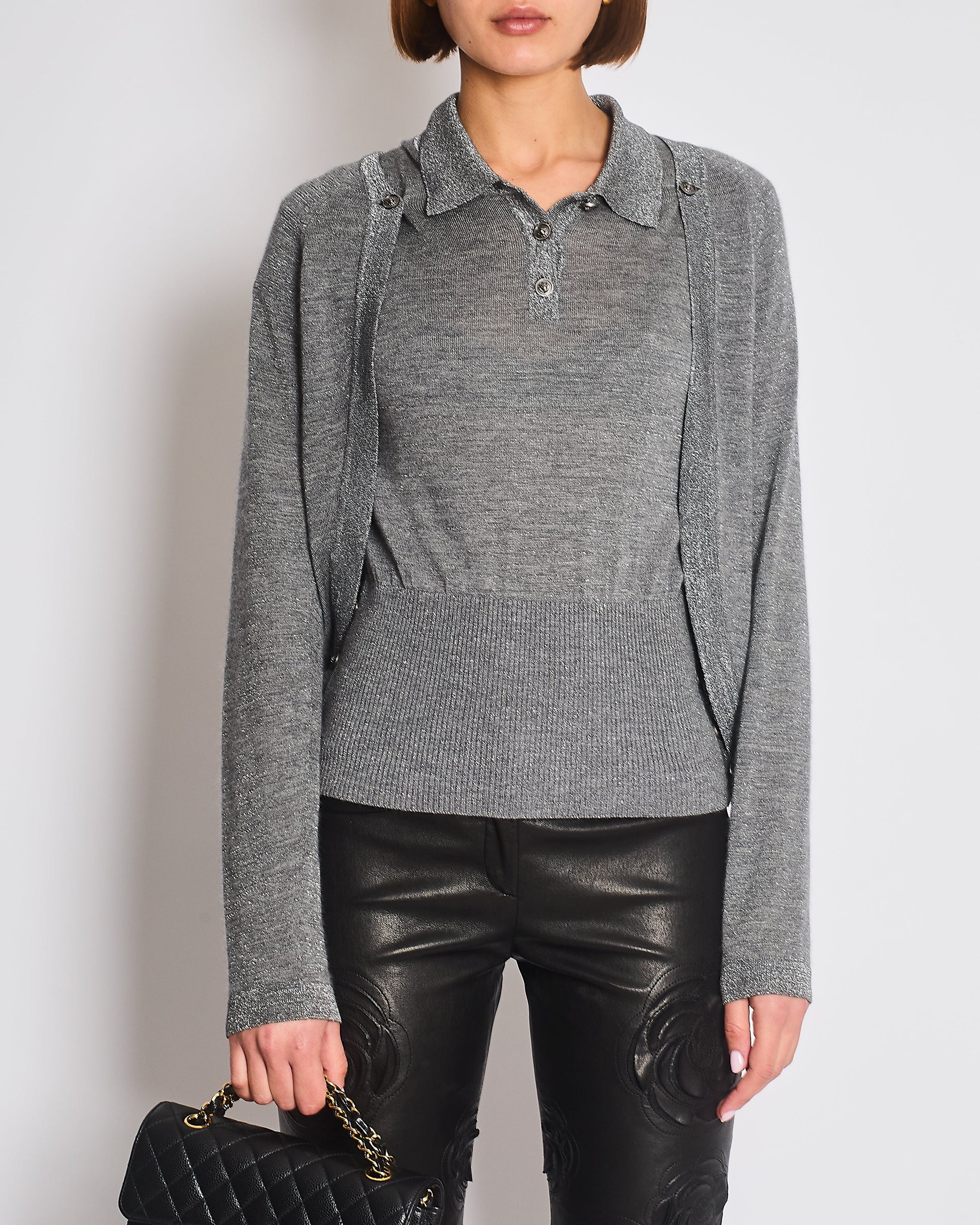 Chanel 08A Grey Two Piece Cashmere Detachable Top And Cardigan Set With Silver Metallic Details Size Fr 40 (Uk 12) Bag