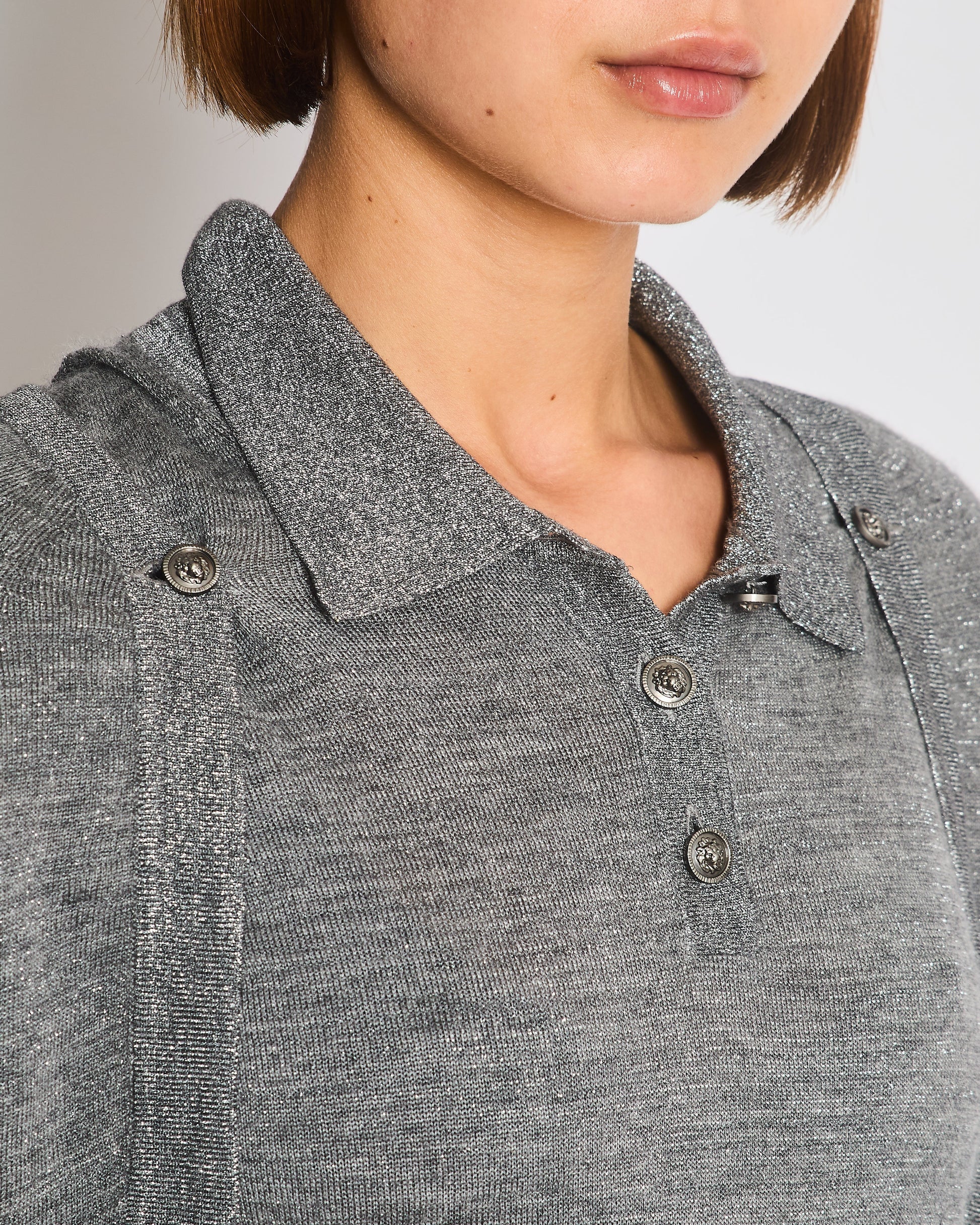 Chanel 08A Grey Two Piece Cashmere Detachable Top And Cardigan Set With Silver Metallic Details Size Fr 40 (Uk 12) Bag