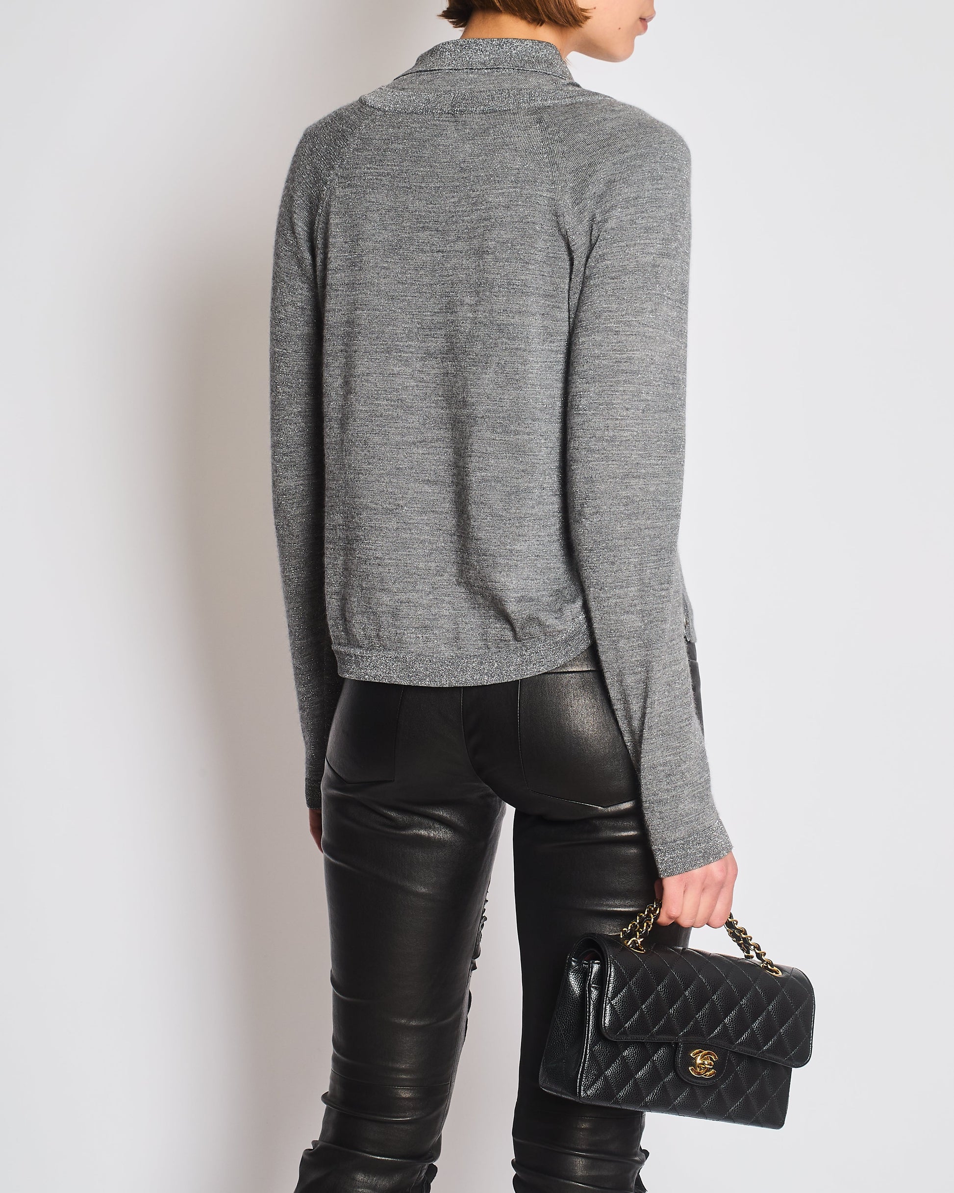 Chanel 08A Grey Two Piece Cashmere Detachable Top And Cardigan Set With Silver Metallic Details Size Fr 40 (Uk 12) Bag