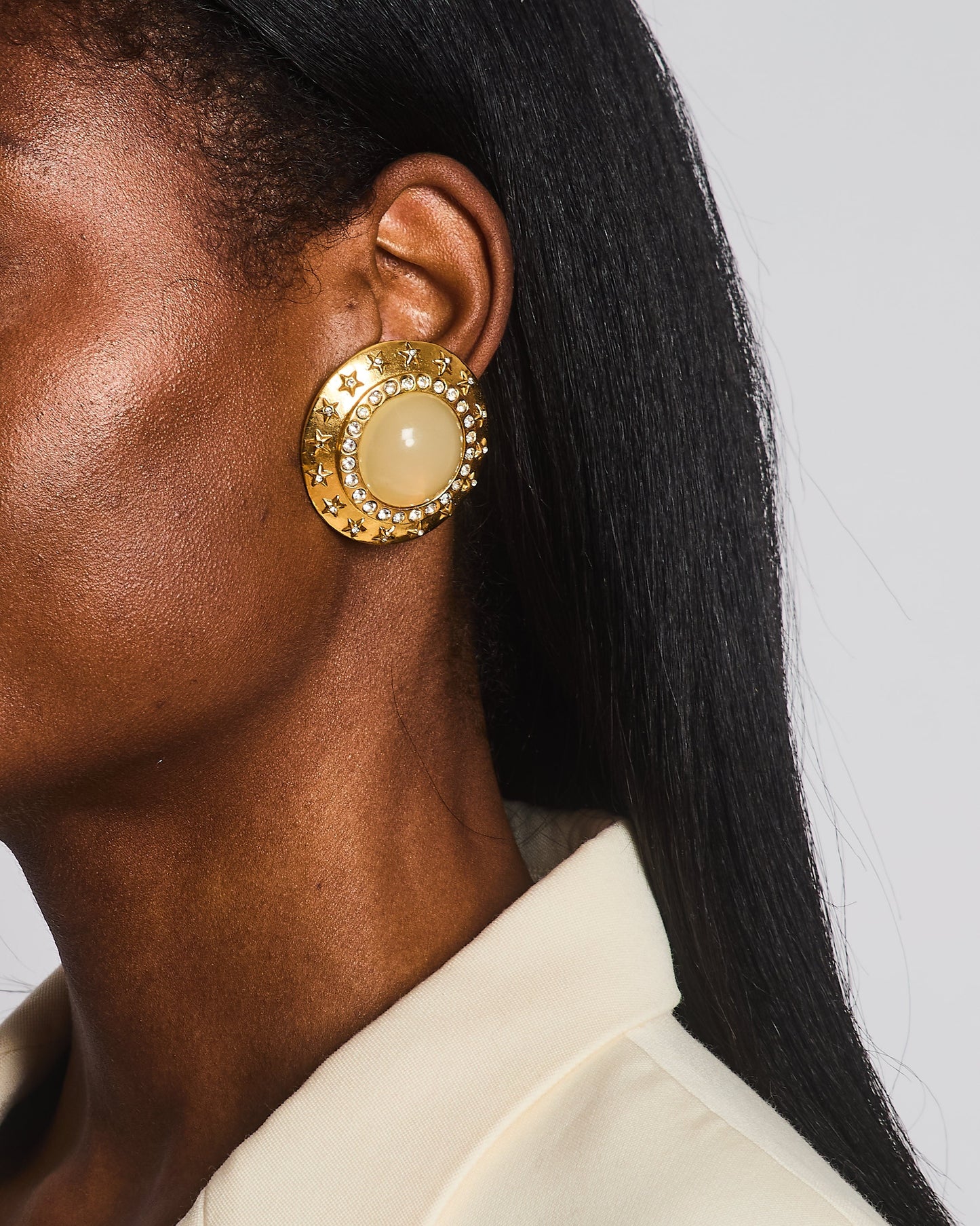 Chanel 2003 Gold Large Round Clip on Earrings with Beige Stone,stars and Crystal Embellishments