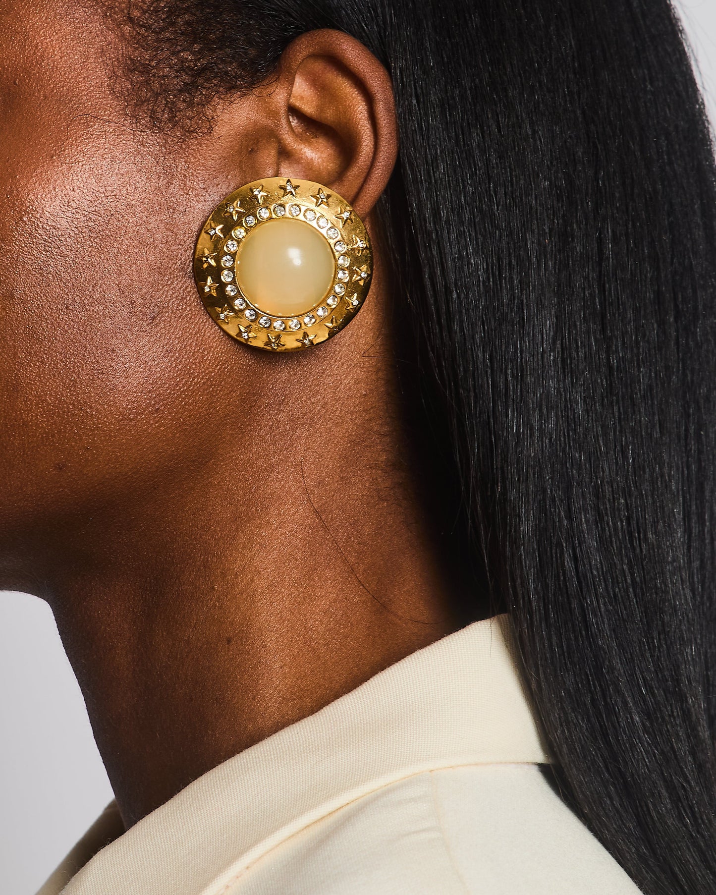 Chanel 2003 Gold Large Round Clip on Earrings with Beige Stone,stars and Crystal Embellishments