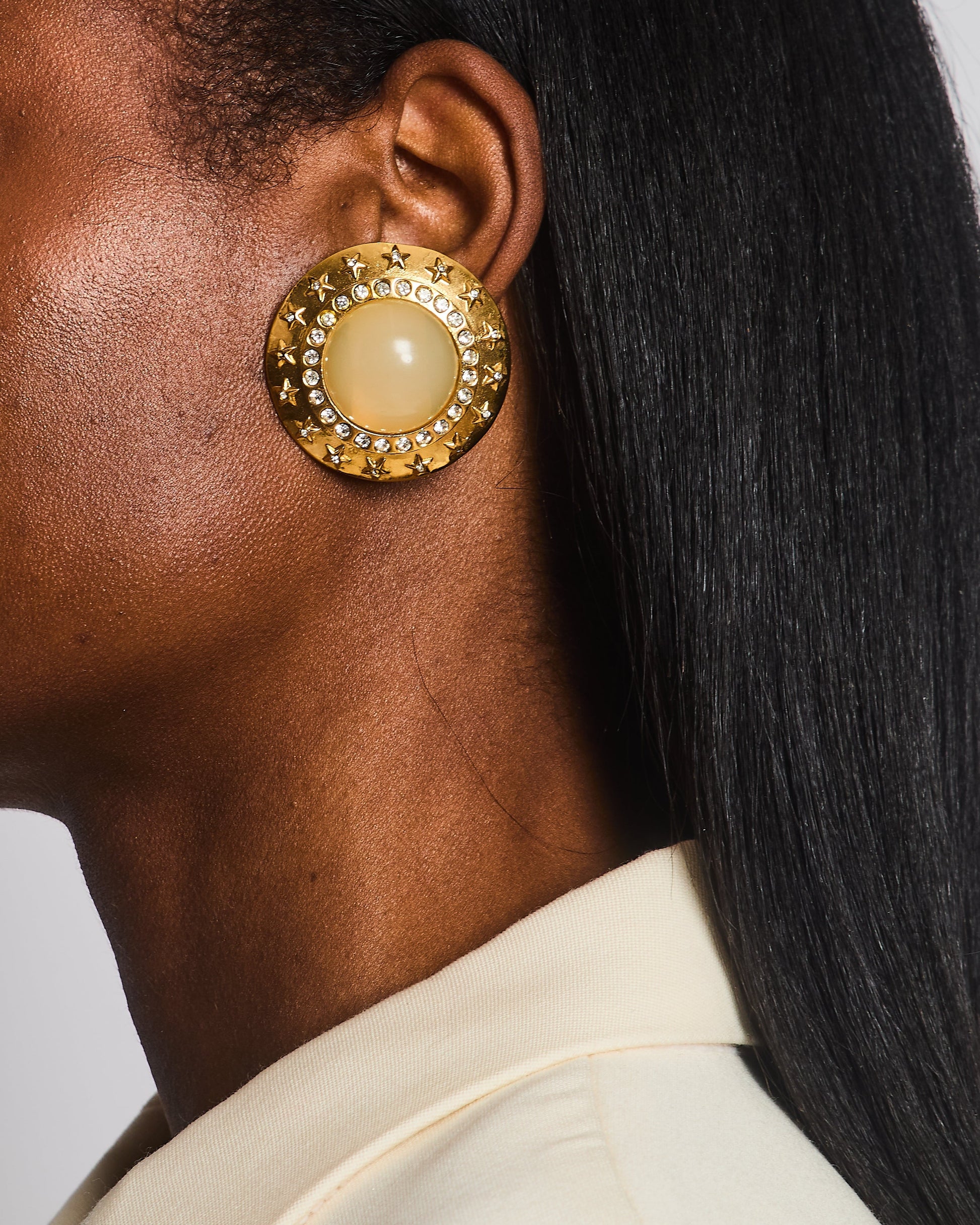 Chanel 2003 Gold Large Round Clip on Earrings with Beige Stone,stars and Crystal Embellishments