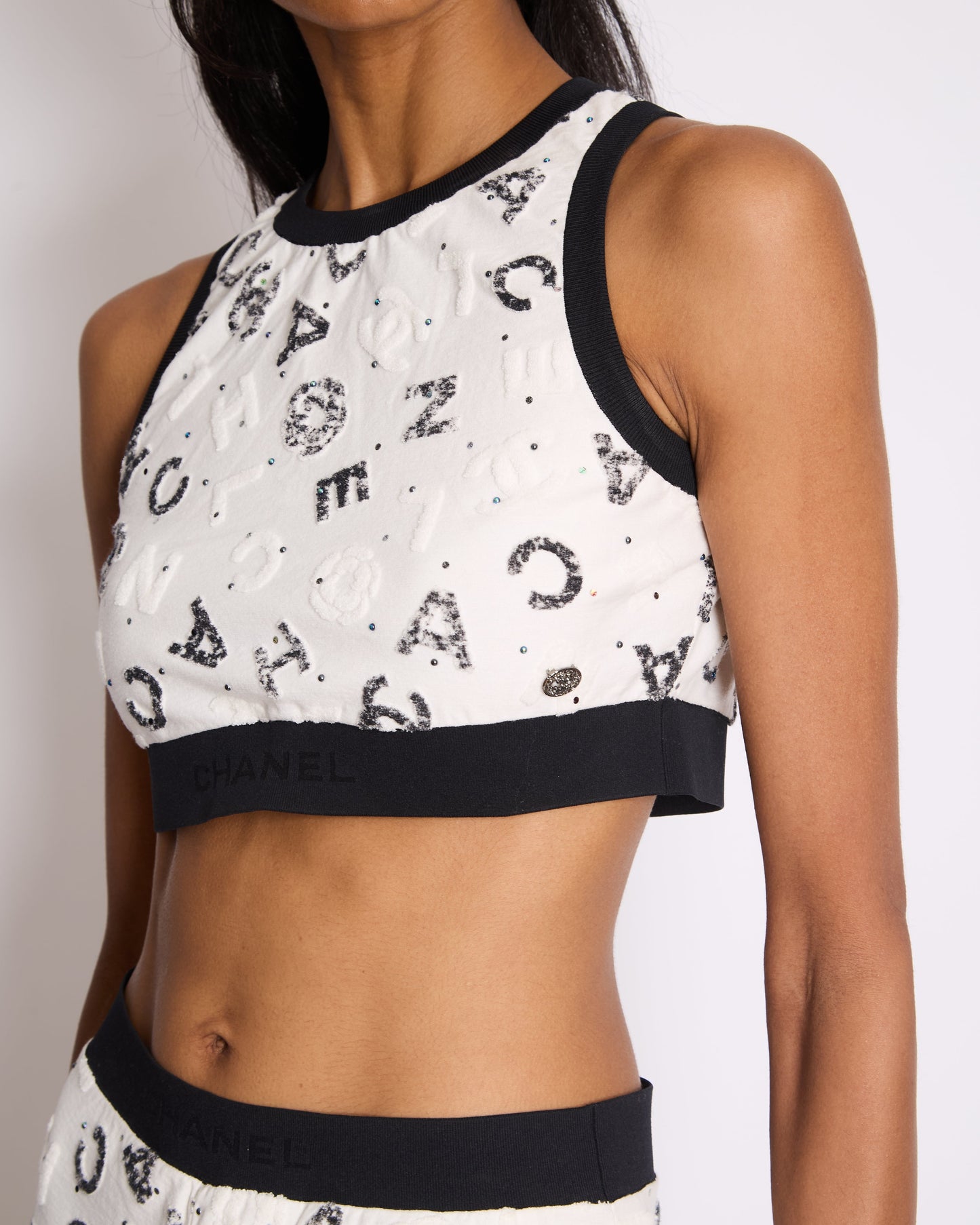 Chanel 22S White & Black Logo & Camellia Print Crop Top & Shorts Set With Black Trim & Metallic Applique Details Size S (uk 8)
