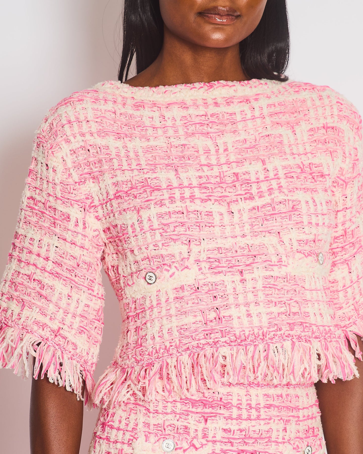 Chanel Pink Tweed Two-Piece Skirt and Top Set with Frayed Detail and CC Button Detail Size FR 36 (UK 8)