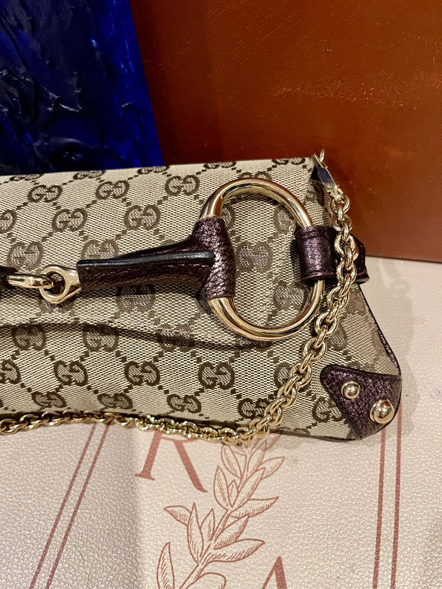 Gucci Horsebit Iridescent Purple Studs Monogram Leather Gold Chain Travel Bag