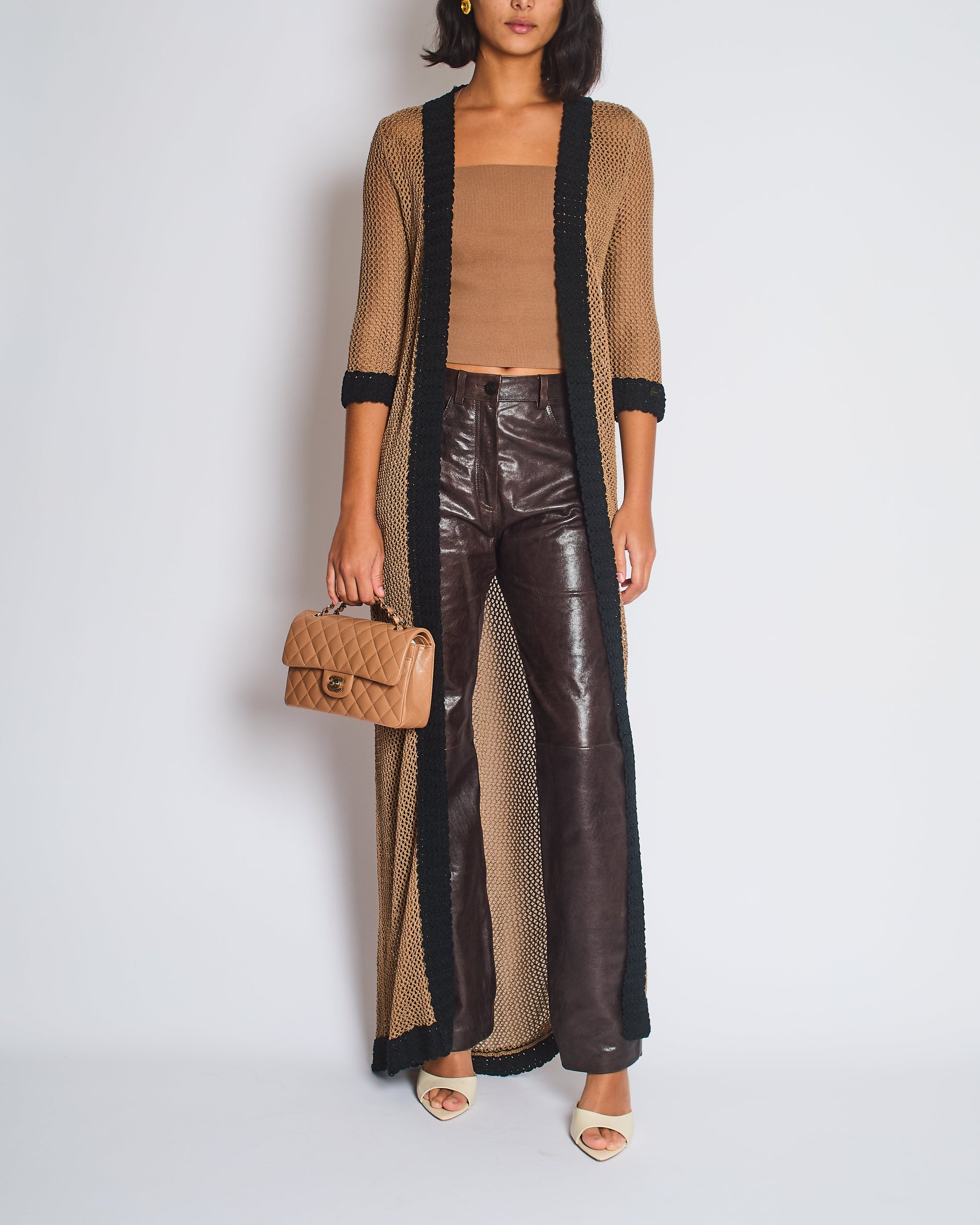 Chanel 03/P Brown Crochet Knitted Long Line Cardigan With Black Trim Detail Size Fr 40 (Uk 12) Bag
