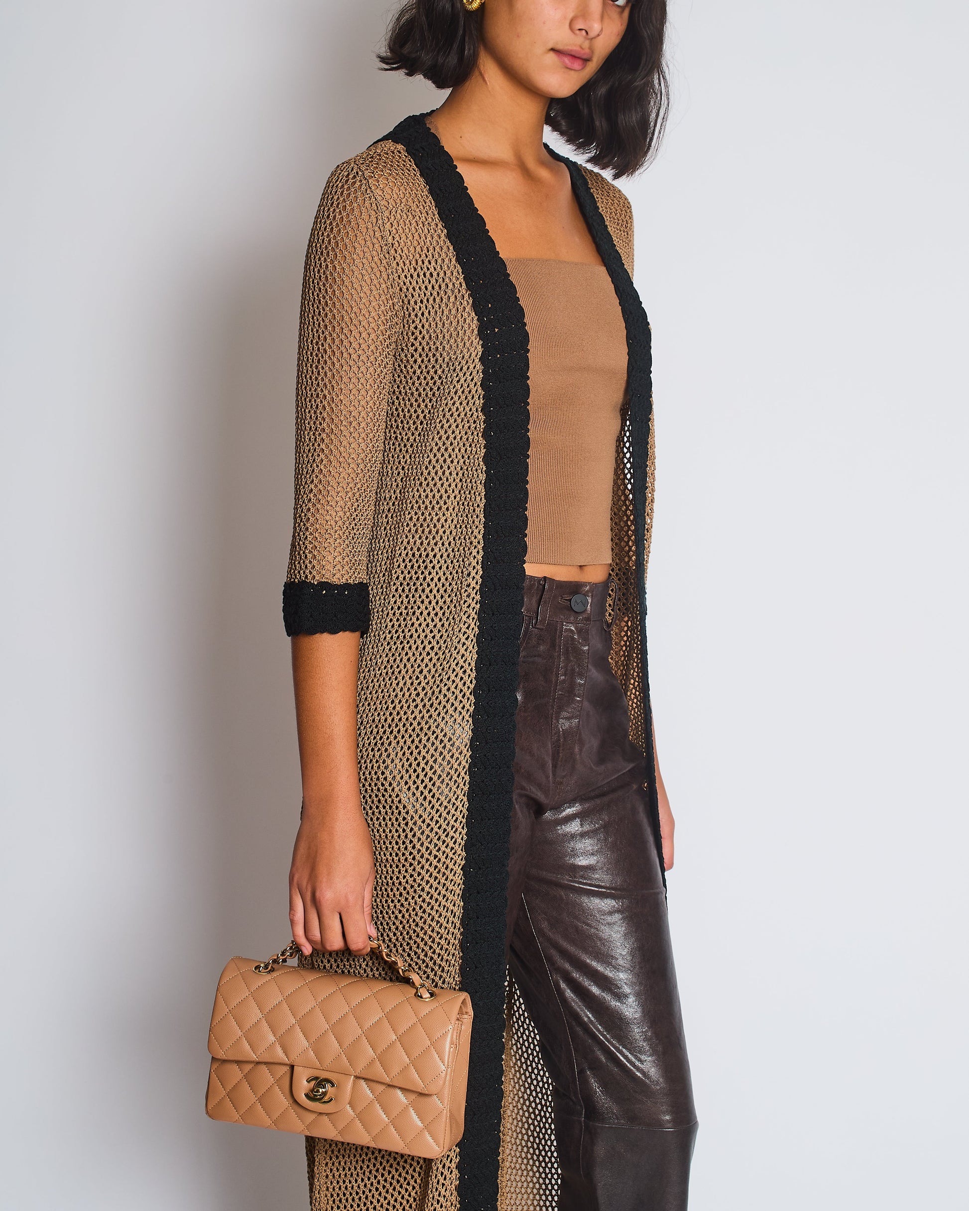 Chanel 03/P Brown Crochet Knitted Long Line Cardigan With Black Trim Detail Size Fr 40 (Uk 12) Bag