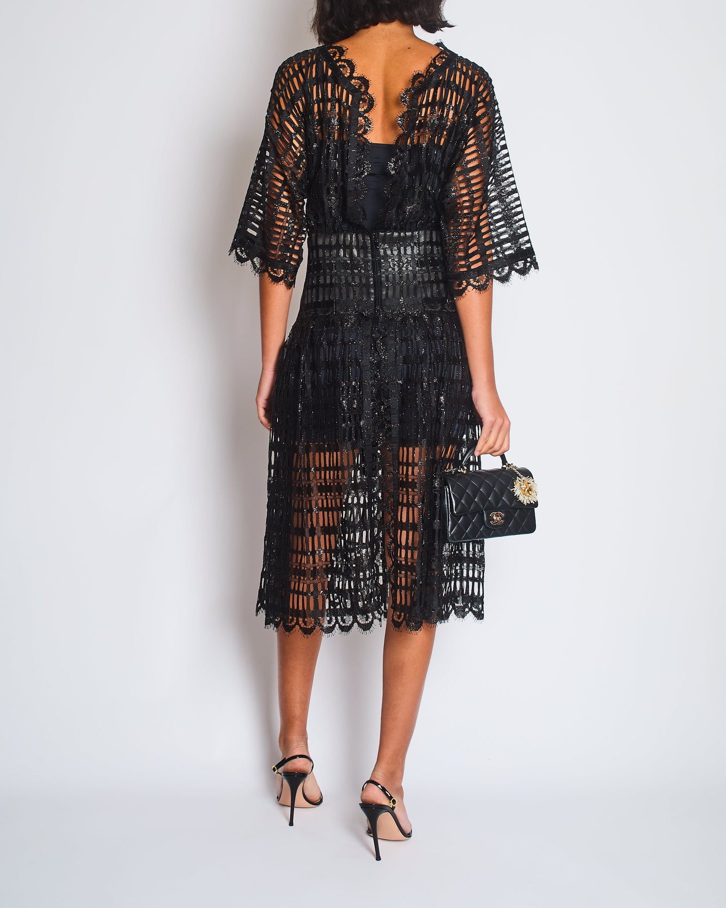 Chanel Black Iridescent Lace Dress With Concealed Zip Closure At Front Size FR 38 (UK 10)