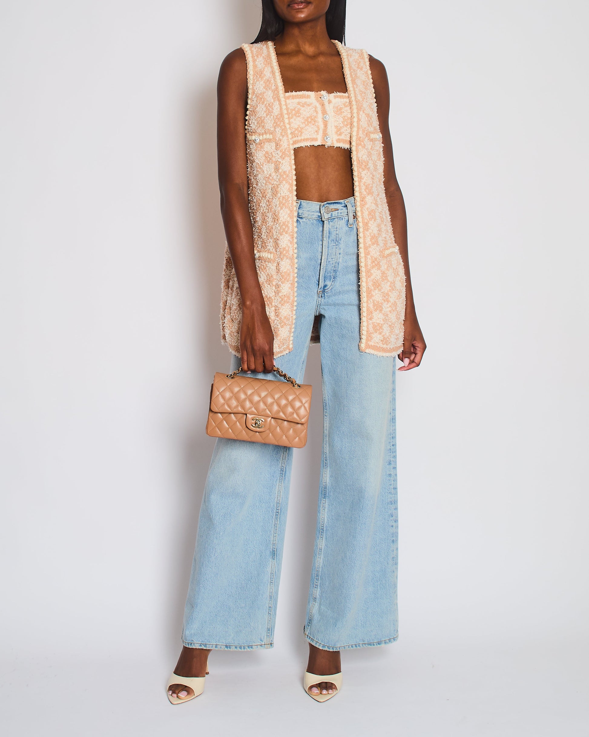 Chanel 23/s Dusty Pink & Ecru Tweed Gilet & Bralette Top with Crystal CC Buttons Detail Size Fr 36 (uk 8) Handbag