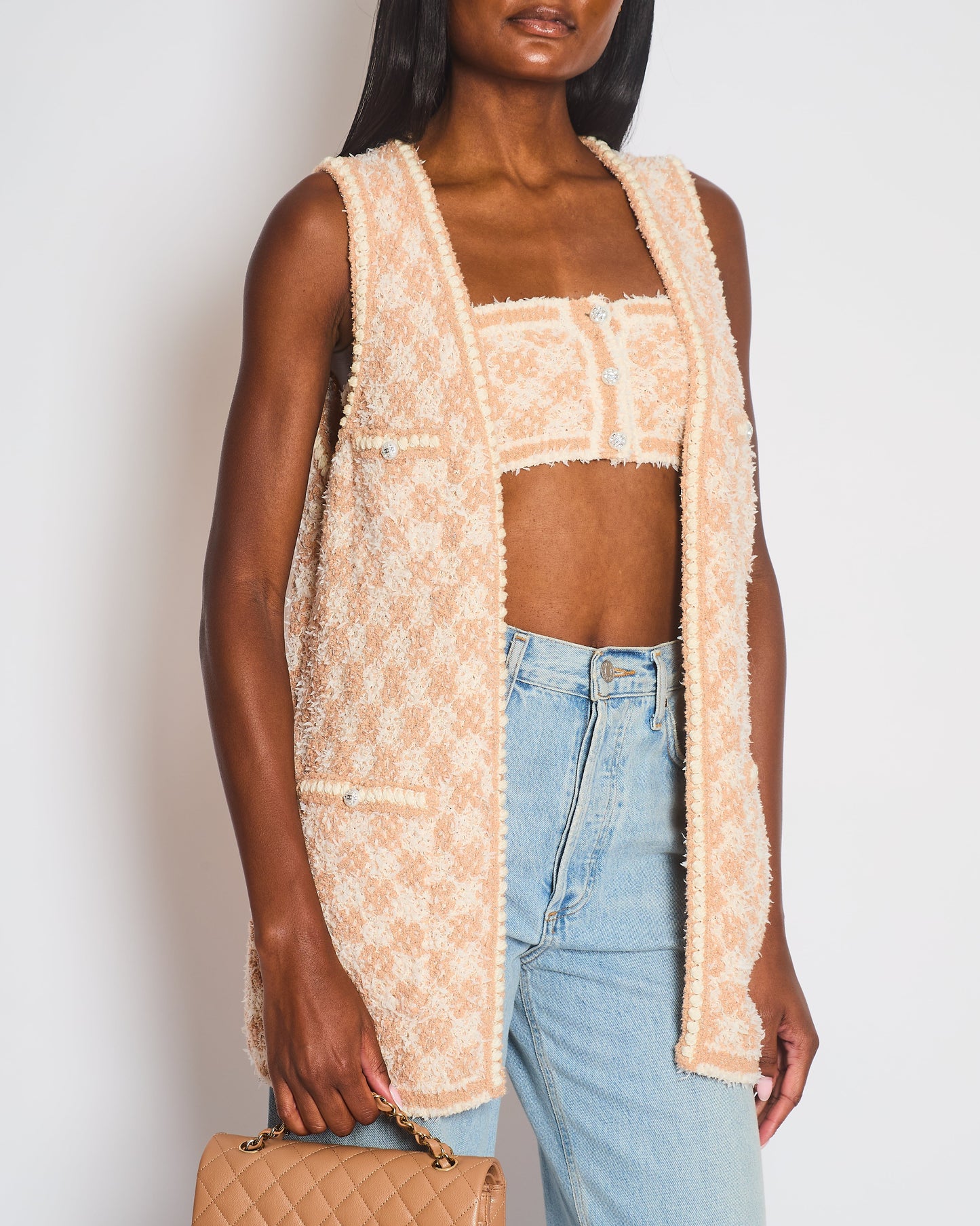 Chanel 23/s Dusty Pink & Ecru Tweed Gilet & Bralette Top with Crystal CC Buttons Detail Size Fr 36 (uk 8) Handbag