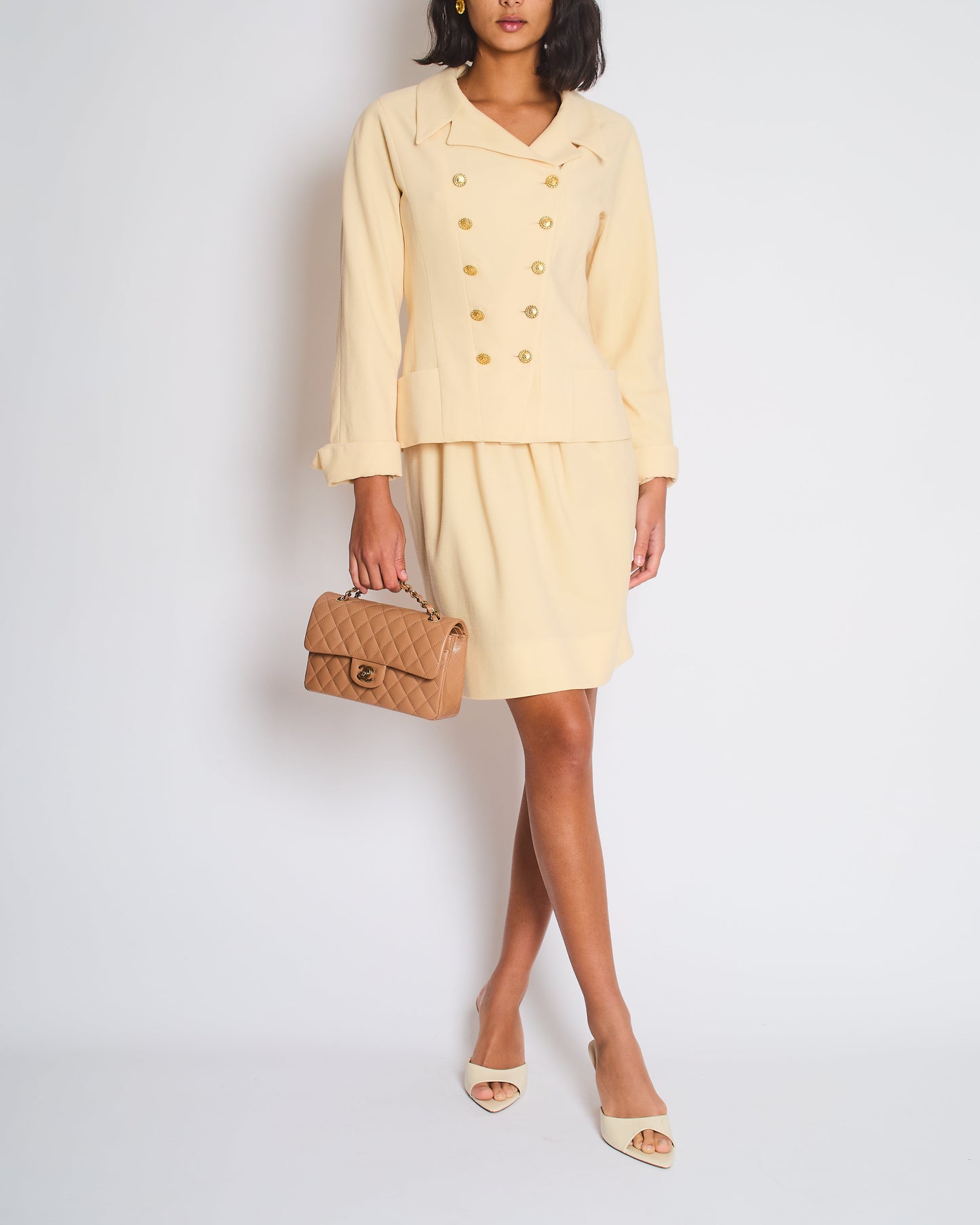 Chanel   Cream Double Breasted Wool Blazer Jacket and Skirt Set with Gold CC Logo Button Detail FR 36 (UK 8)