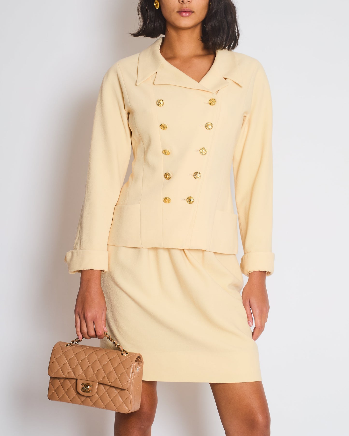 Chanel   Cream Double Breasted Wool Blazer Jacket and Skirt Set with Gold CC Logo Button Detail FR 36 (UK 8)