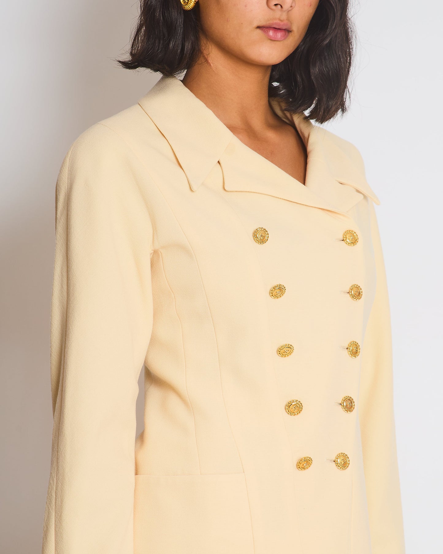 Chanel   Cream Double Breasted Wool Blazer Jacket and Skirt Set with Gold CC Logo Button Detail FR 36 (UK 8)
