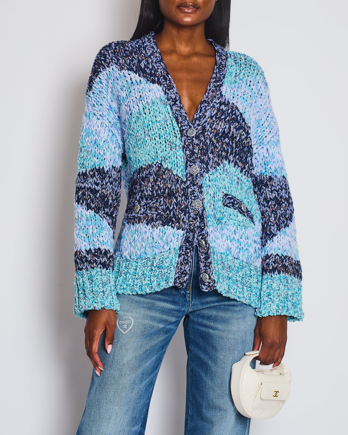 Chanel 23P Ua Blue Metallic, Navy White Crochet Knit Oversized Cardigan With Silver Logo Crystal Buttons Size Fr 36 (Uk 8) Bag