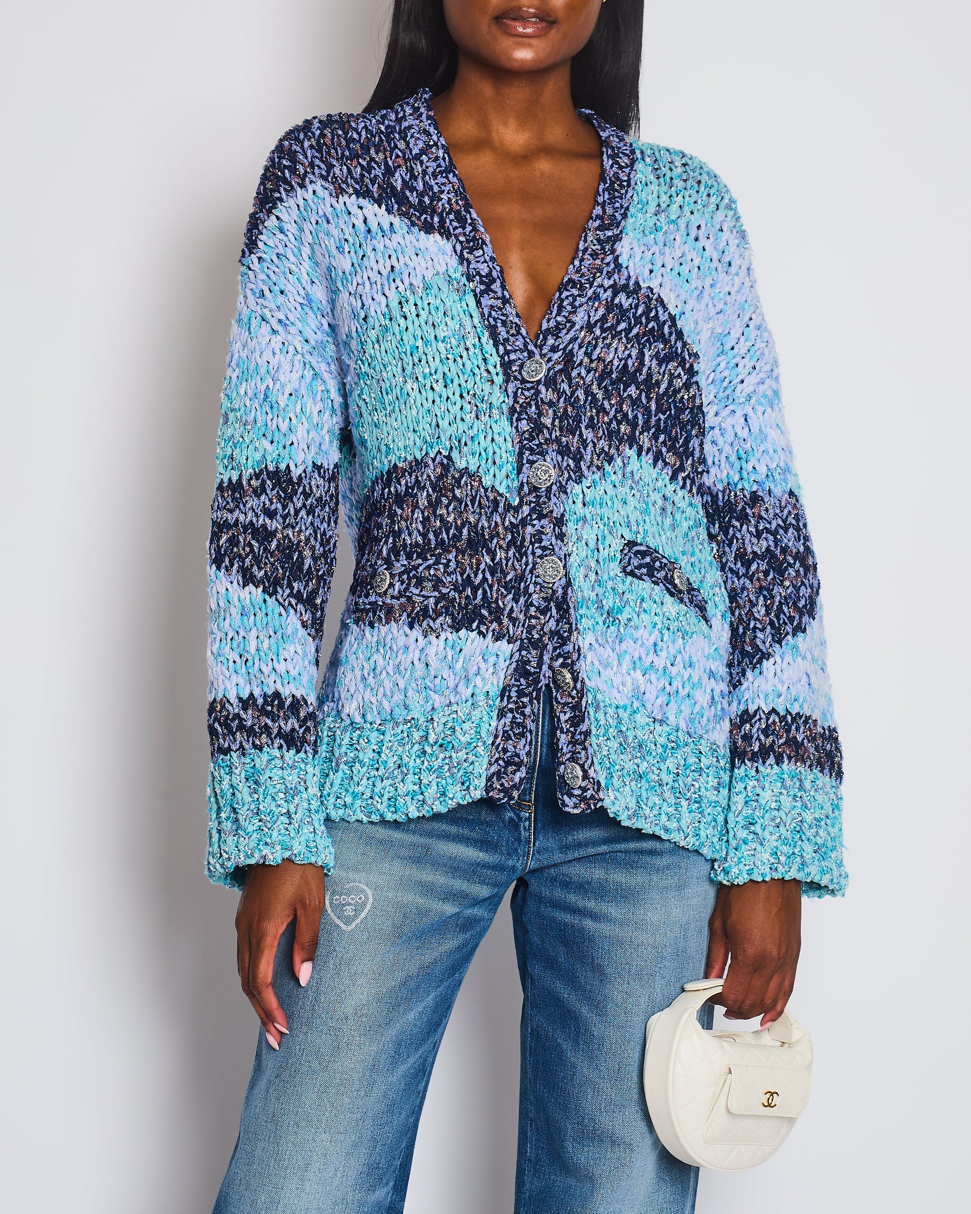 Chanel 23P Ua Blue Metallic, Navy White Crochet Knit Oversized Cardigan With Silver Logo Crystal Buttons Size Fr 36 (Uk 8) Bag