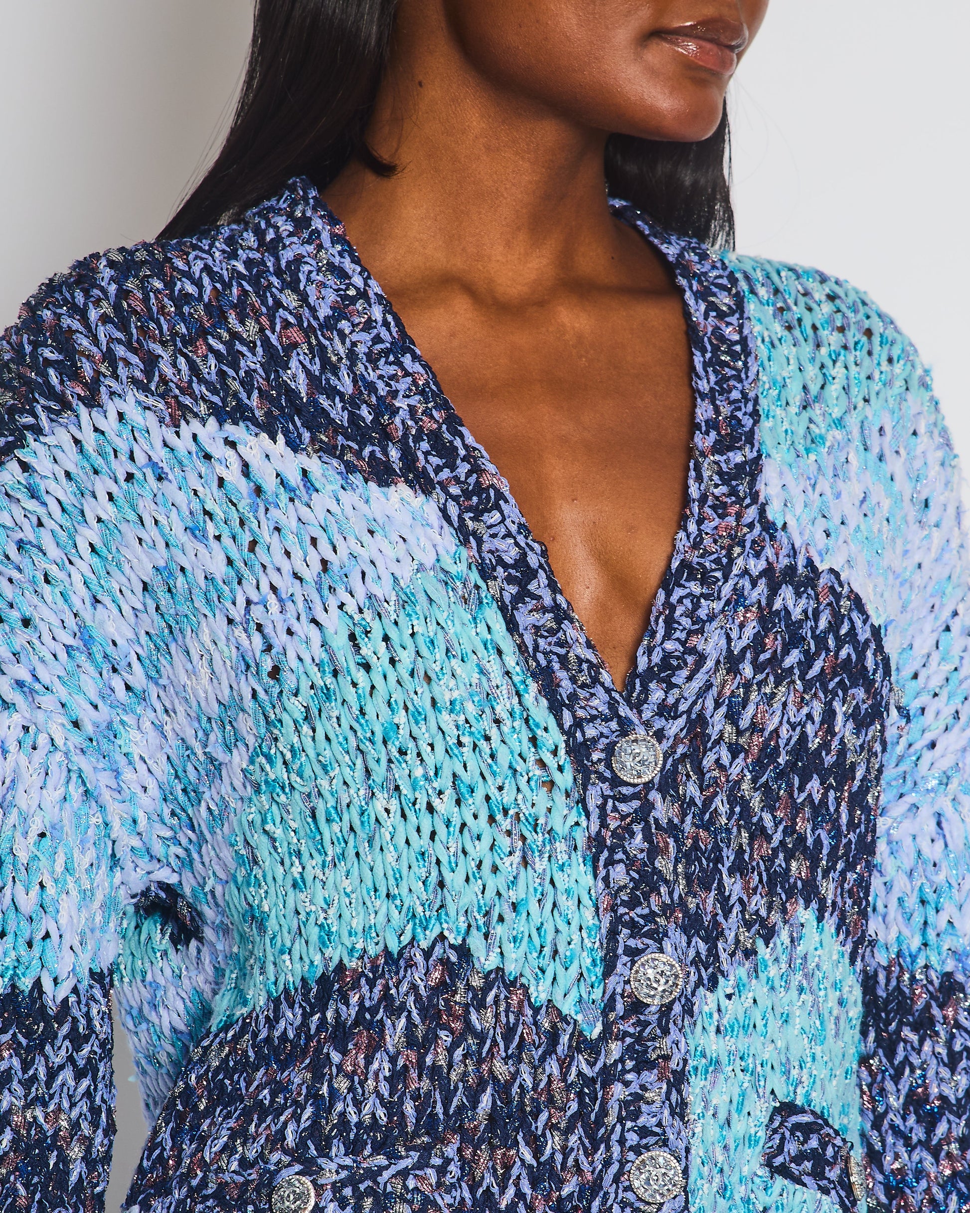 Chanel 23P Ua Blue Metallic, Navy White Crochet Knit Oversized Cardigan With Silver Logo Crystal Buttons Size Fr 36 (Uk 8) Bag