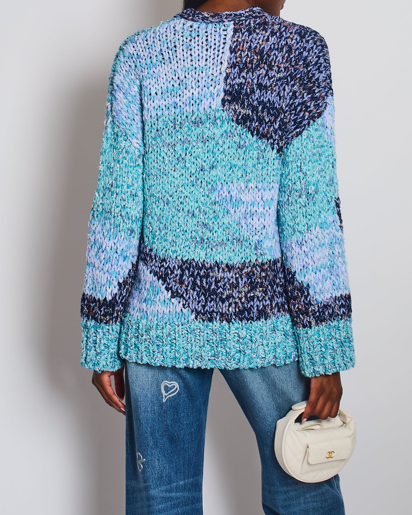 Chanel 23P Ua Blue Metallic, Navy White Crochet Knit Oversized Cardigan With Silver Logo Crystal Buttons Size Fr 36 (Uk 8) Bag
