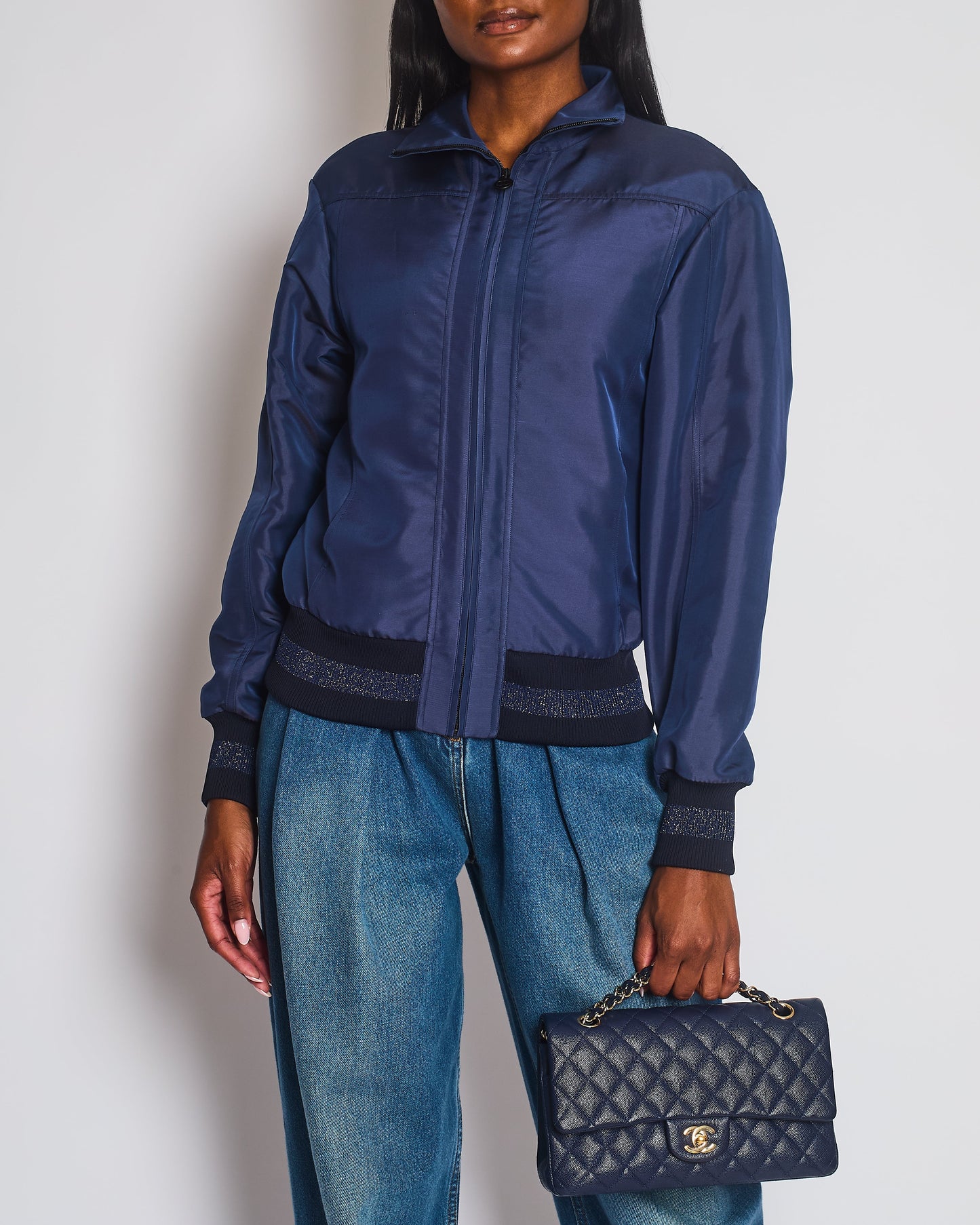 Chanel 17/A Navy Satin Bomber Jacket with Glitter Trim and CC Button Detail Size FR 34 (UK 6)
