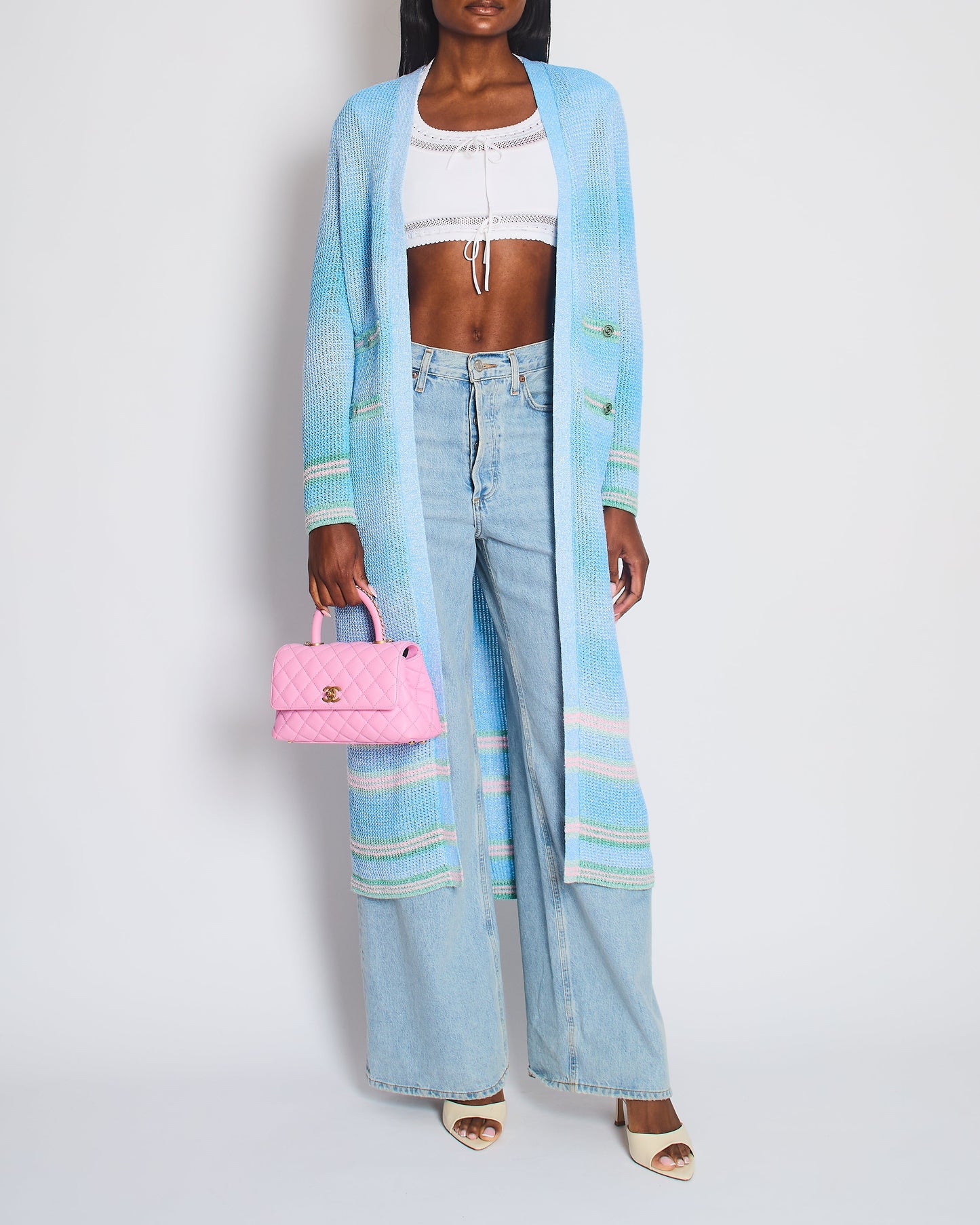 Chanel 23S Blue Knitted Long-Line Striped Cardigan With Cc Button Detail Size Fr 34 (Uk 6) Bag