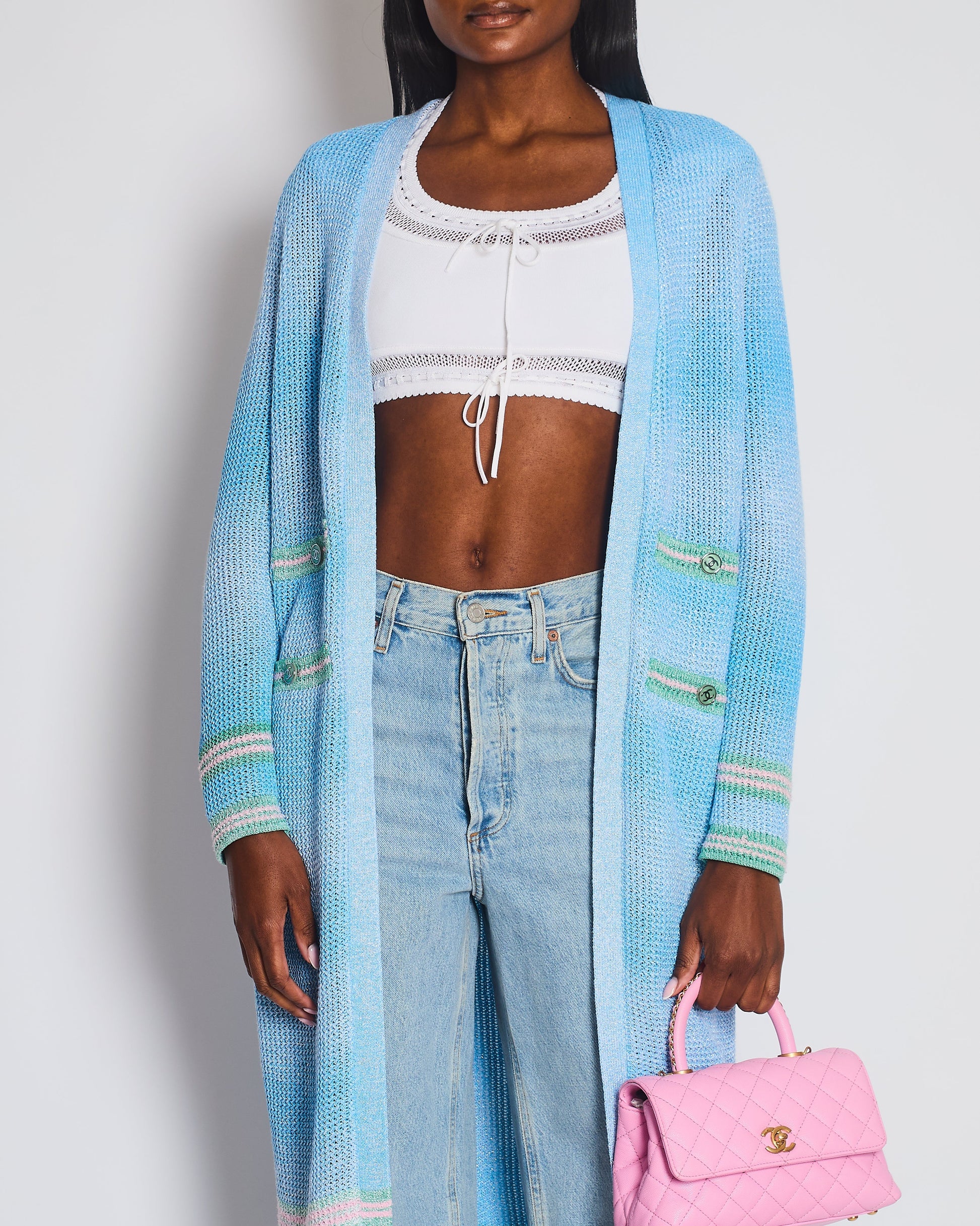 Chanel 23S Blue Knitted Long-Line Striped Cardigan With Cc Button Detail Size Fr 34 (Uk 6) Bag