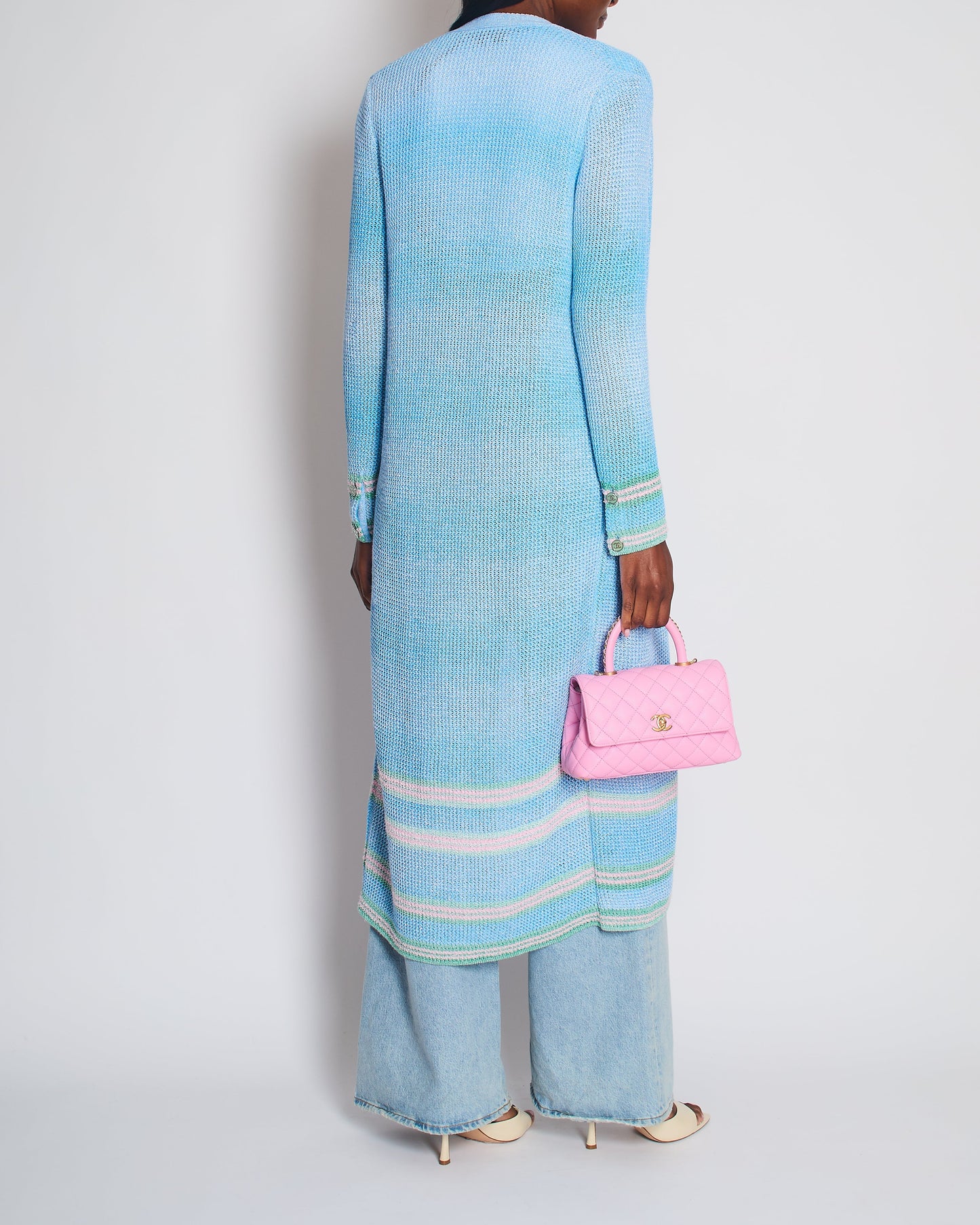 Chanel 23S Blue Knitted Long-Line Striped Cardigan With Cc Button Detail Size Fr 34 (Uk 6) Bag