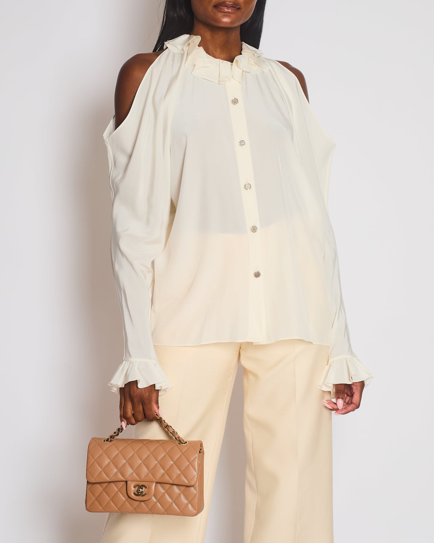 Chanel Cream Button Down Blo  with Cut Out Shoulder Detail Size FR 38 (UK 10)
