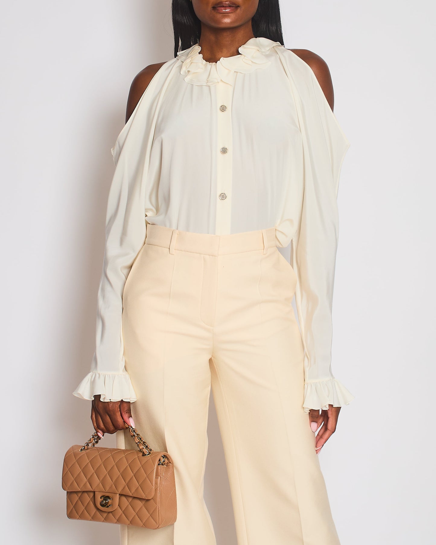 Chanel Cream Button Down Blo  with Cut Out Shoulder Detail Size FR 38 (UK 10)