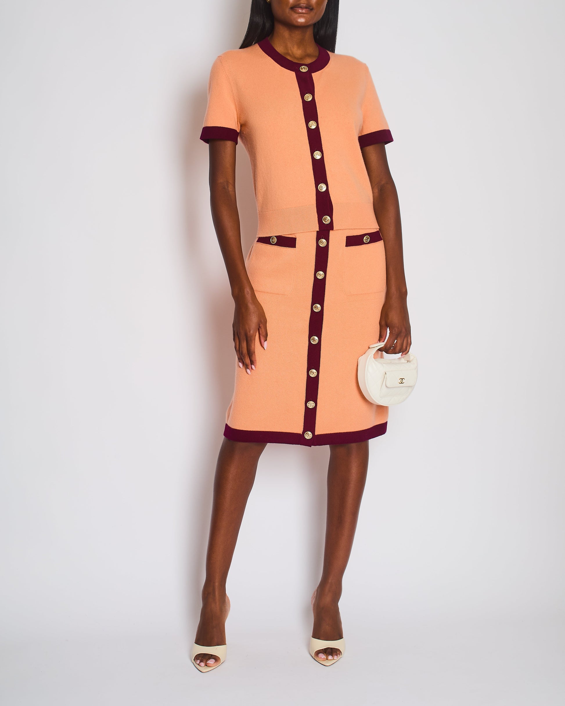Chanel Peach Short Sleeve Knitted Button Down Cardigan With Cc Button Detail Size Fr 38 (Uk 10) Bag