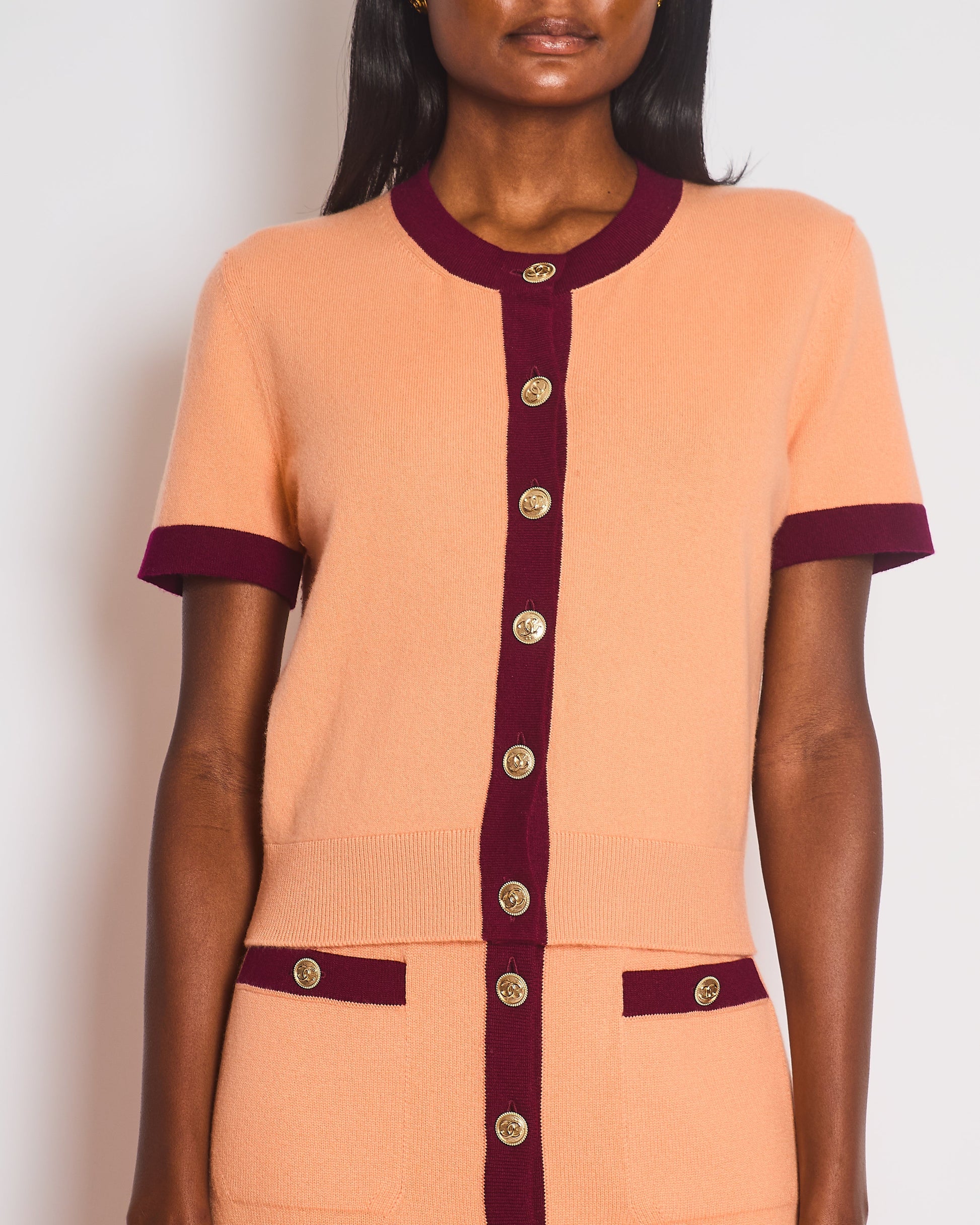 Chanel Peach Short Sleeve Knitted Button Down Cardigan With Cc Button Detail Size Fr 38 (Uk 10) Bag