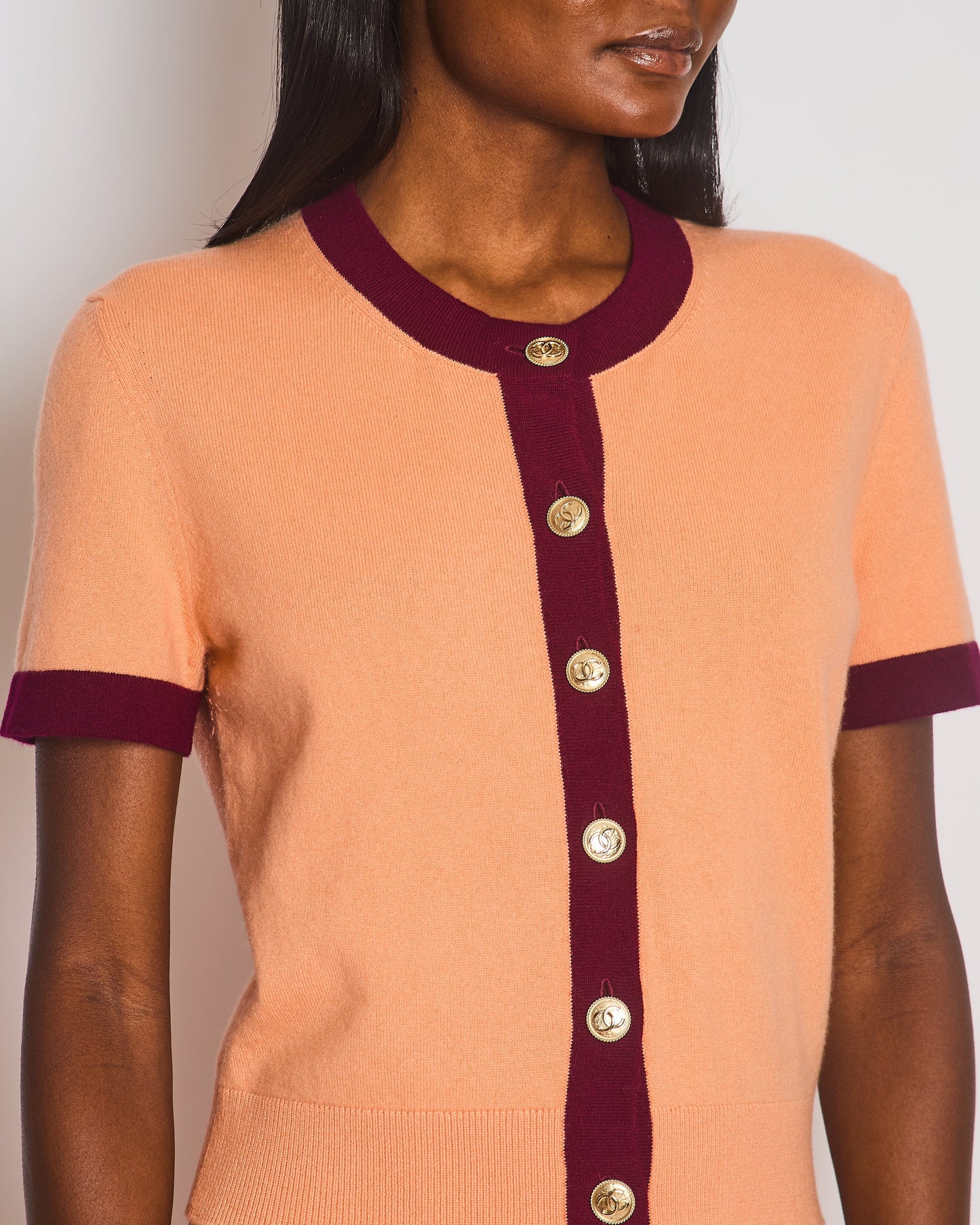 Chanel Peach Short Sleeve Knitted Button Down Cardigan With Cc Button Detail Size Fr 38 (Uk 10) Bag