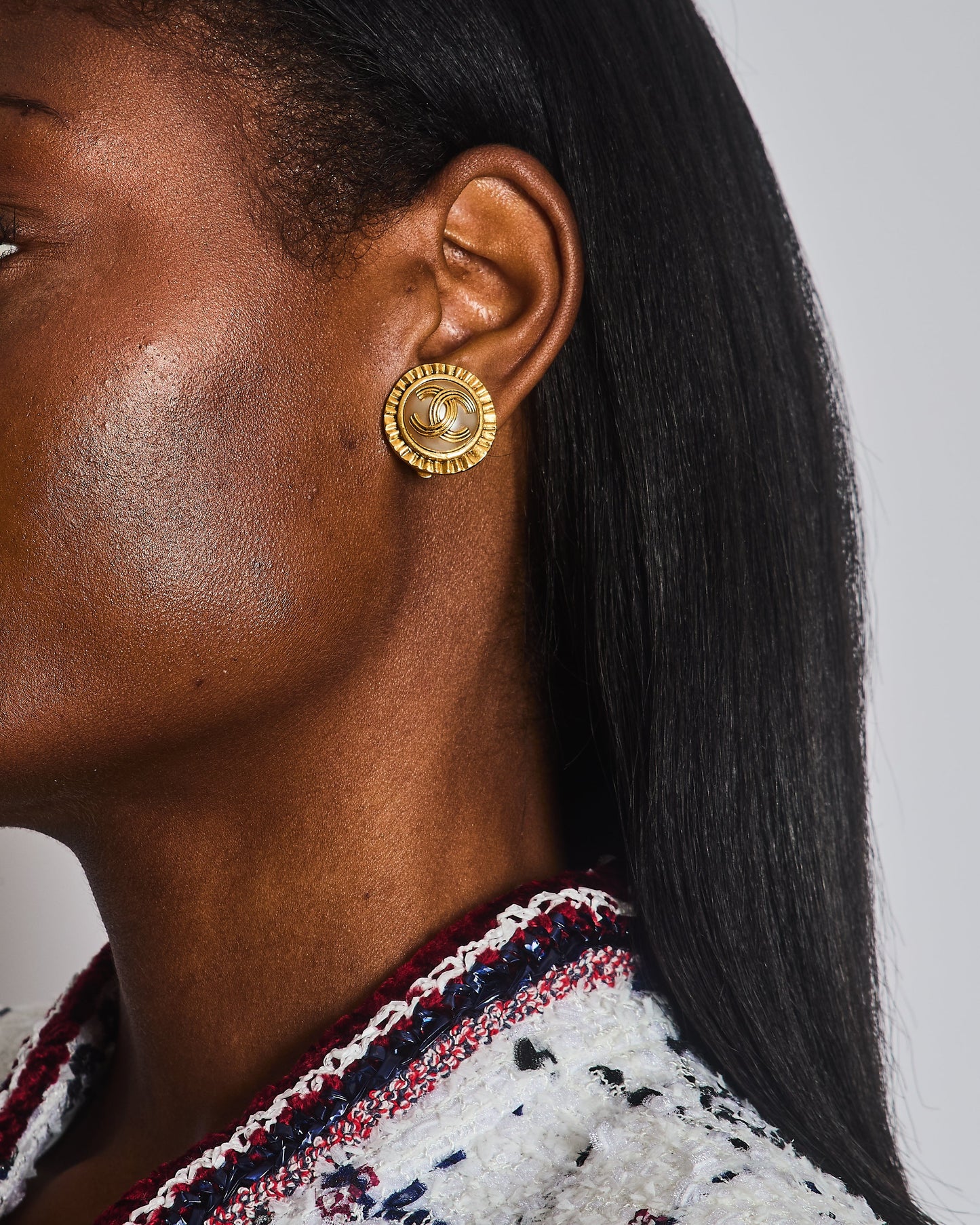 Chanel 94A Mother Of Pearl And Gold Clip On Earrings With Rouched Border Detail And Cc Logo