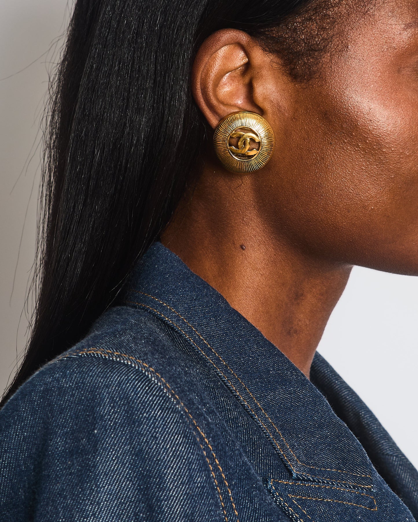 Chanel   Gold Large Round Button Clip On Earrings with Striped Detail and CC Logo