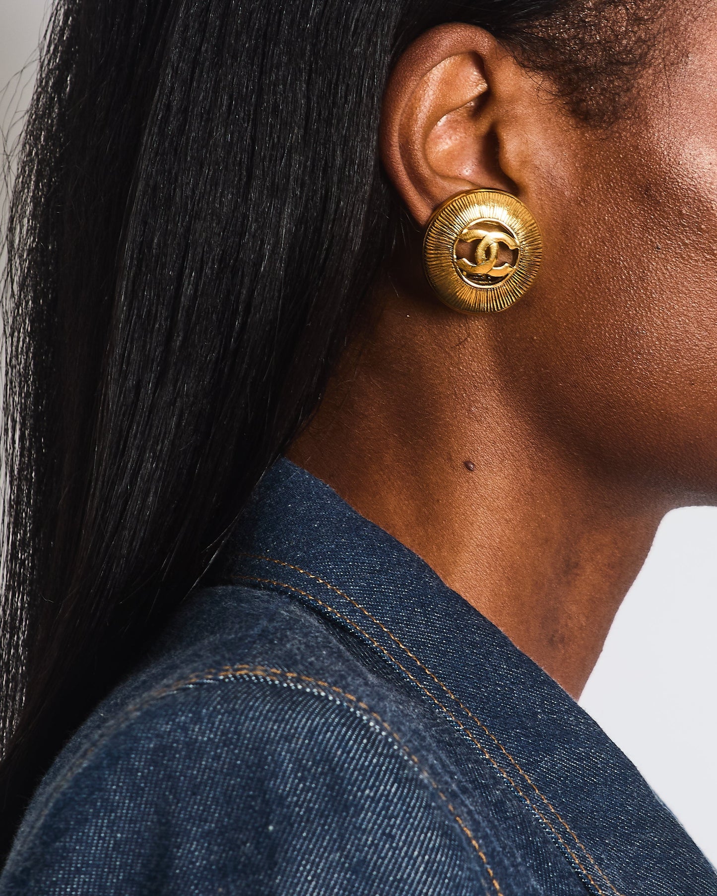 Chanel   Gold Large Round Button Clip On Earrings with Striped Detail and CC Logo