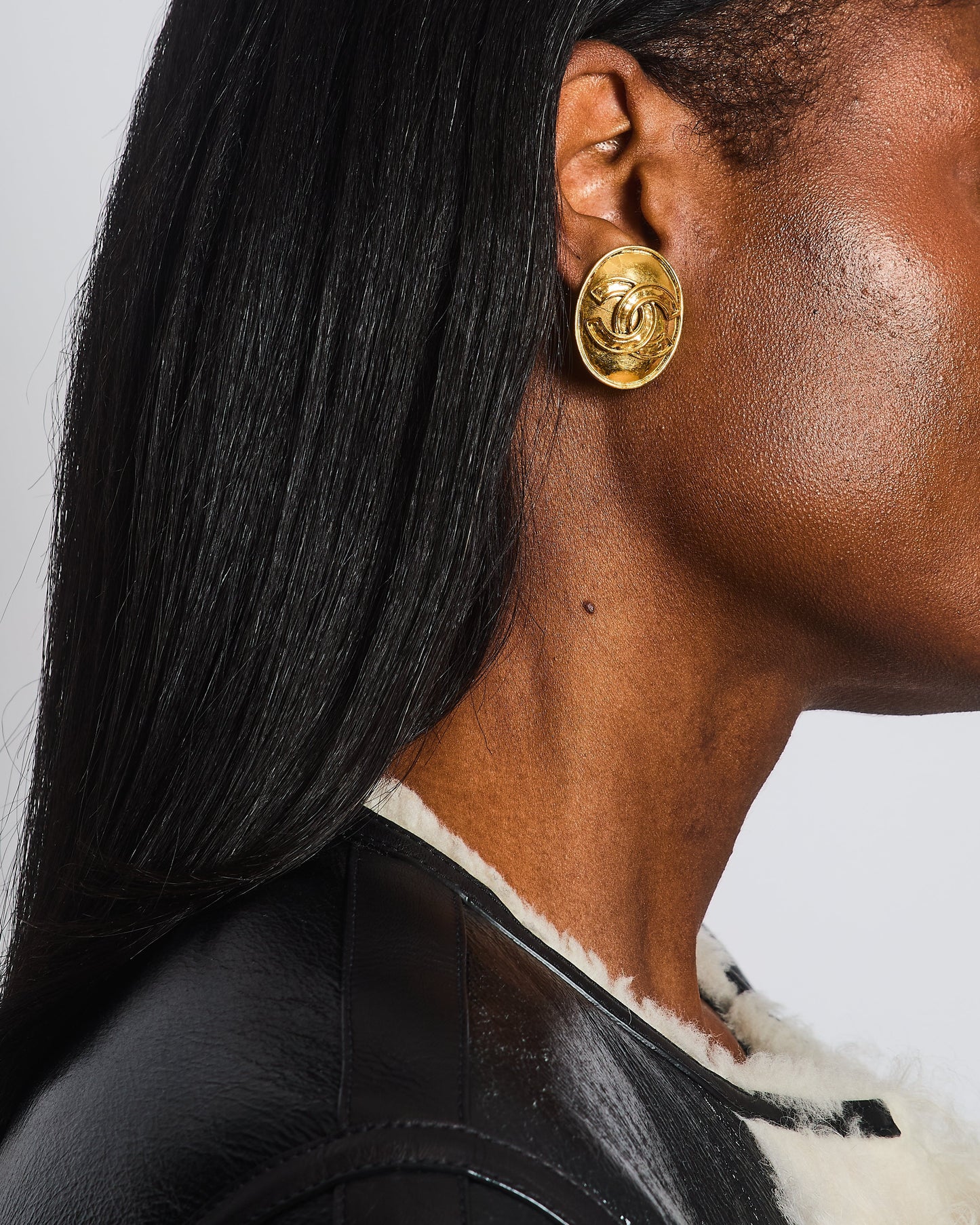 Chanel 94P Gold Polished Oval Clip on Earrings with CC Logo