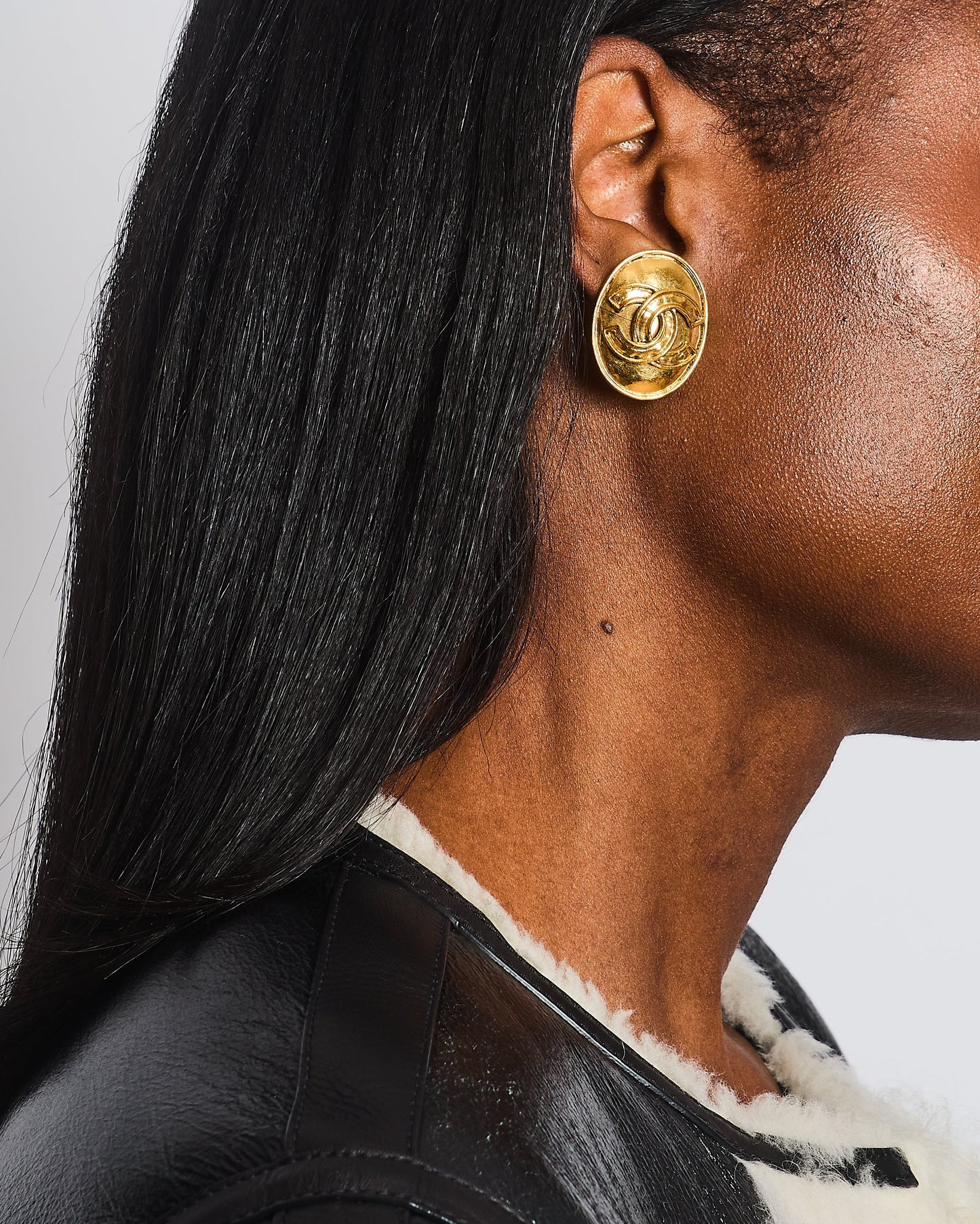 Chanel 94P Gold Polished Oval Clip on Earrings with CC Logo