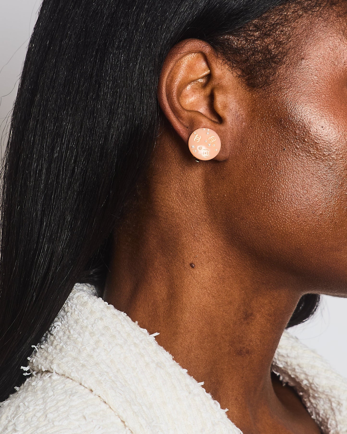Chanel   Blush Pink Round Clip On Earrings with Pearl Embellishments and CC Logo Details