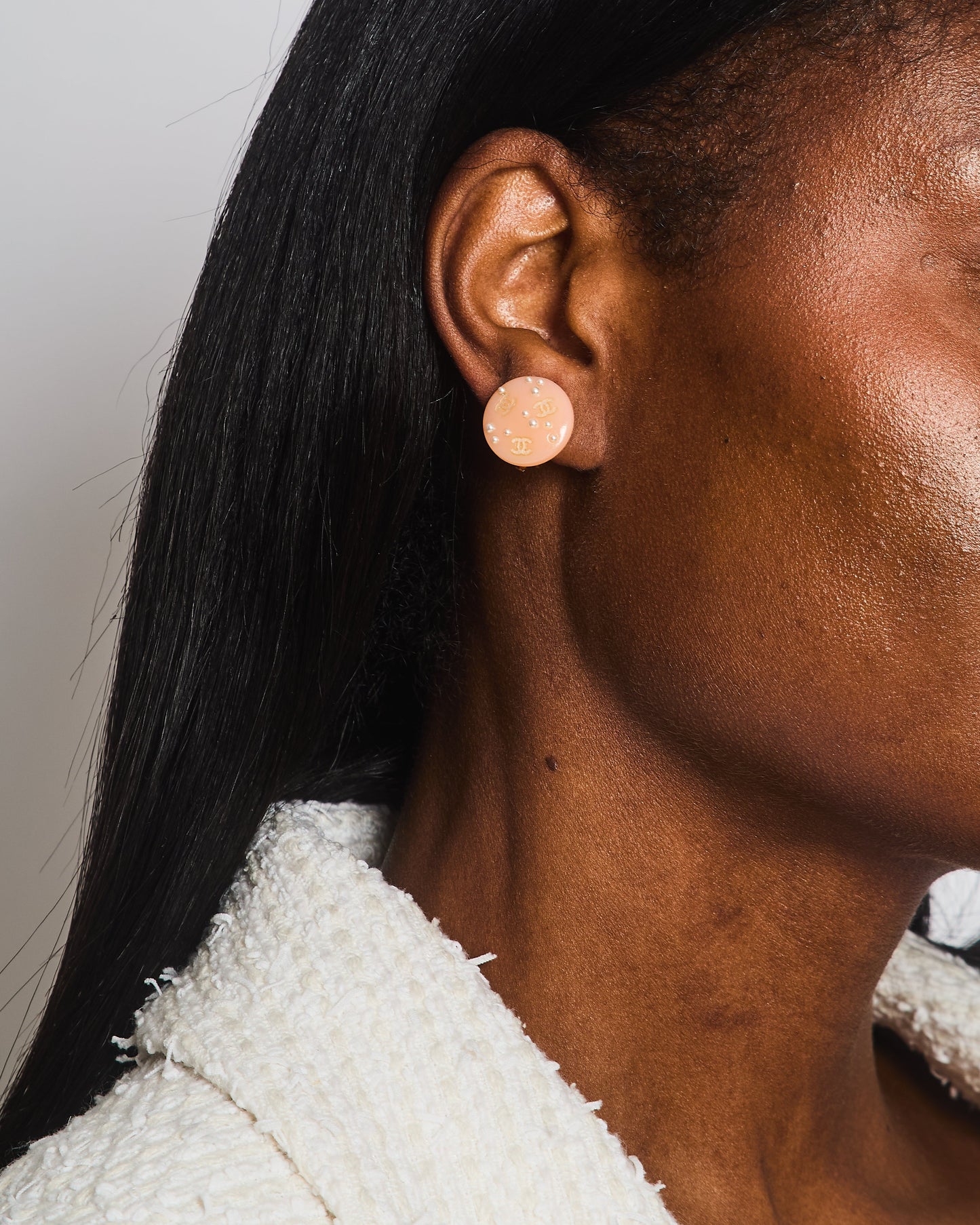 Chanel   Blush Pink Round Clip On Earrings with Pearl Embellishments and CC Logo Details