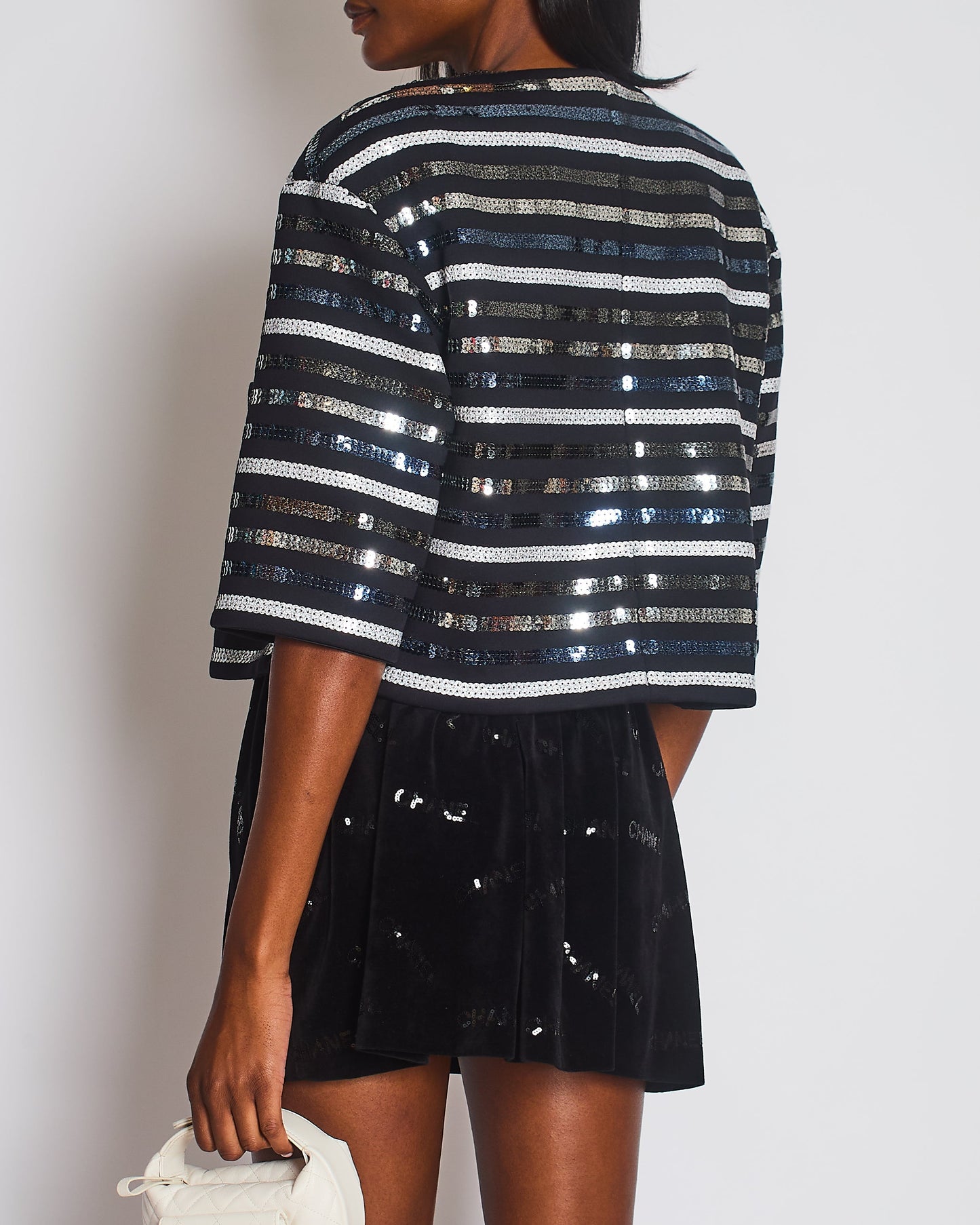 Chanel 2022 Black Cropped Sleeve CC Sequin Jacket with Braided Edge Size FR 38 (UK 10)