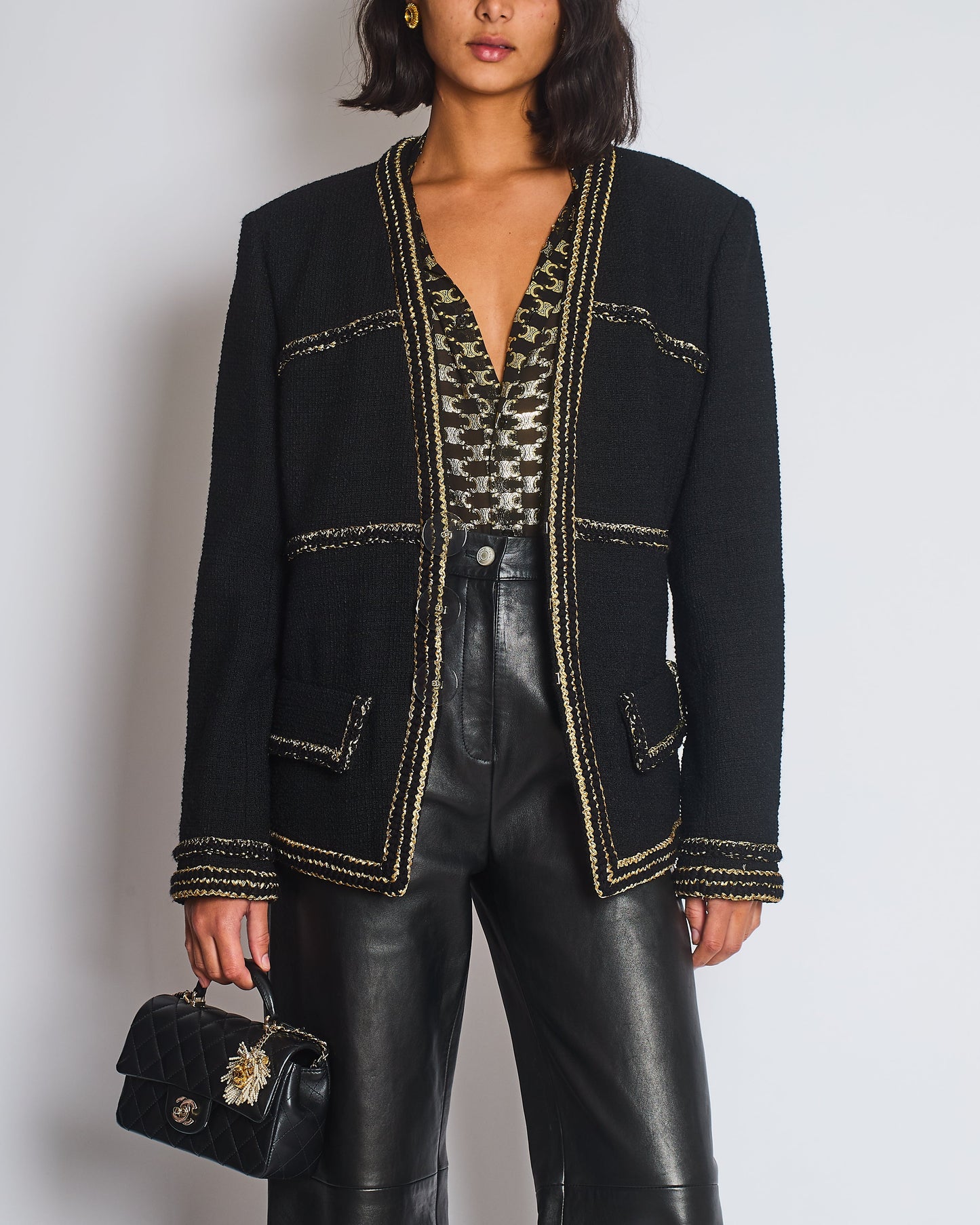 Chanel Metiers D'Art 17A Paris-Ritz Cosmopolitan Black Tweed Jacket with Gold Trim & Smokey Transparent Button Details Size FR 50 (UK 20) RRP £7450