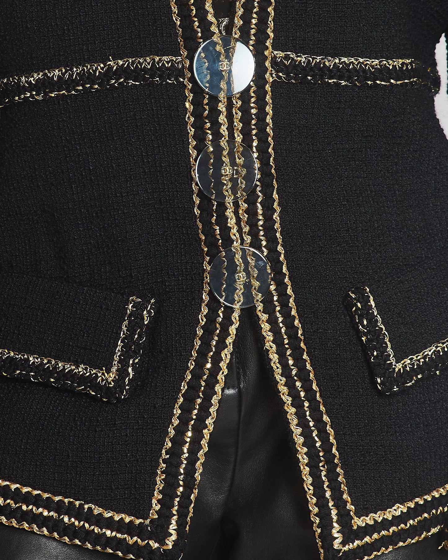 Chanel Metiers D'Art 17A Paris-Ritz Cosmopolitan Black Tweed Jacket with Gold Trim & Smokey Transparent Button Details Size FR 50 (UK 20) RRP £7450