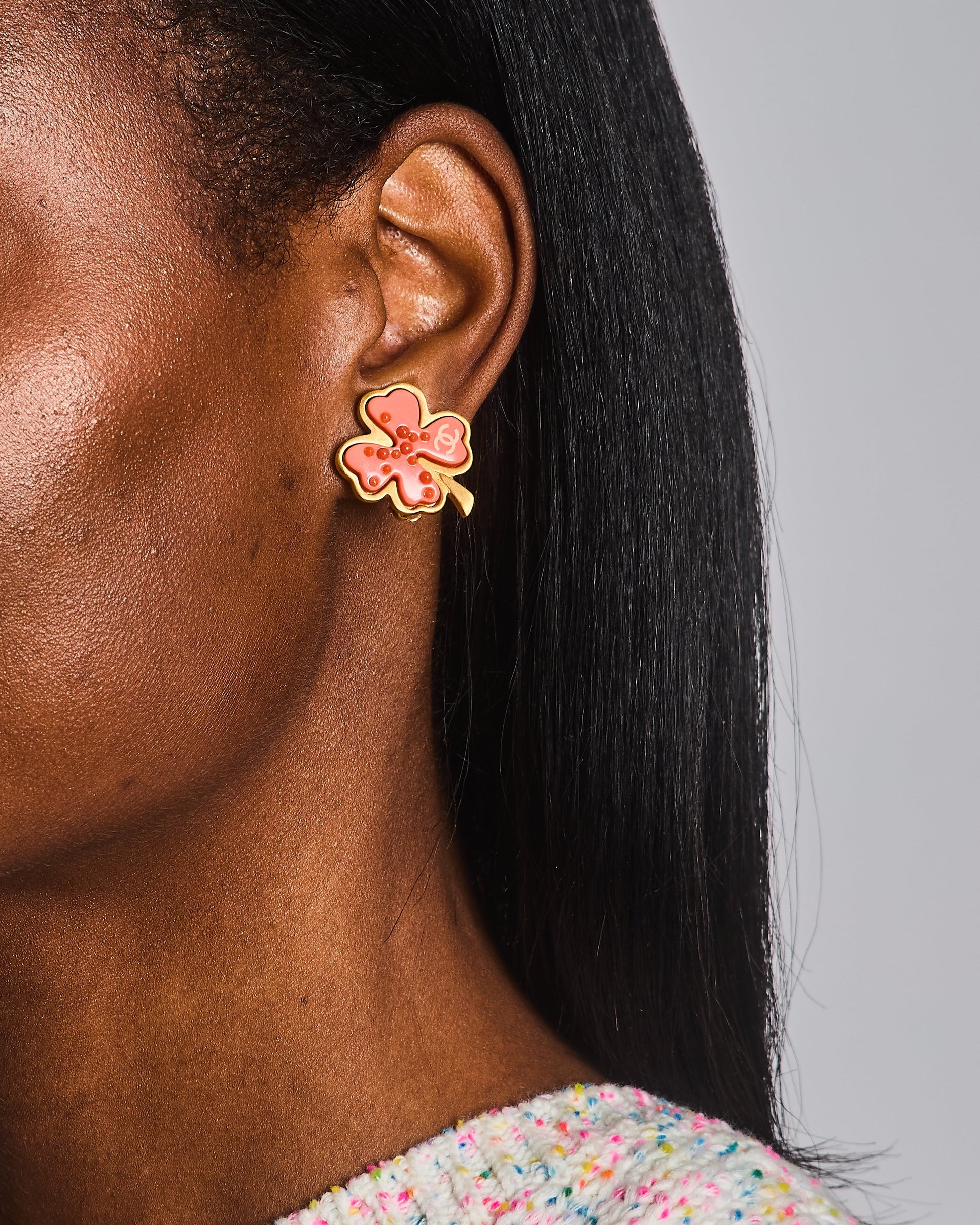 Chanel Brushed Gold And Pink Clover Clip On Earrings With Cc Logo And Beads Details