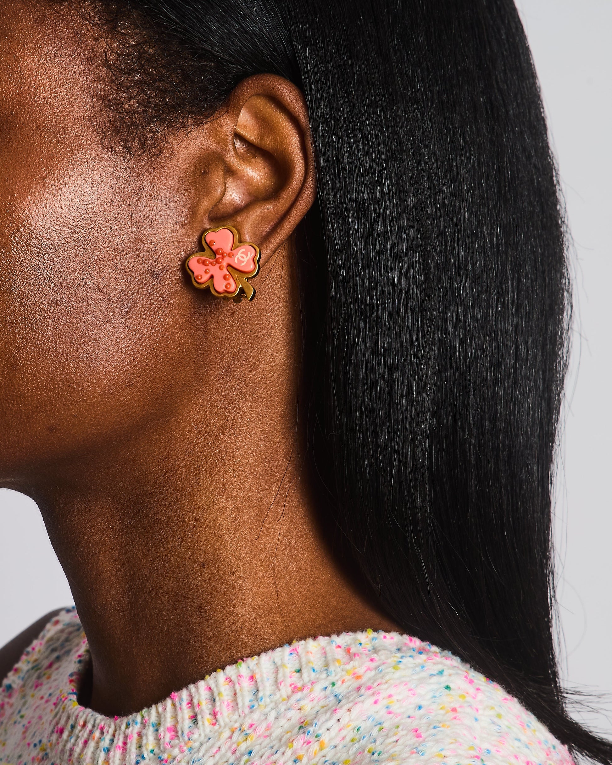 Chanel Brushed Gold And Pink Clover Clip On Earrings With Cc Logo And Beads Details