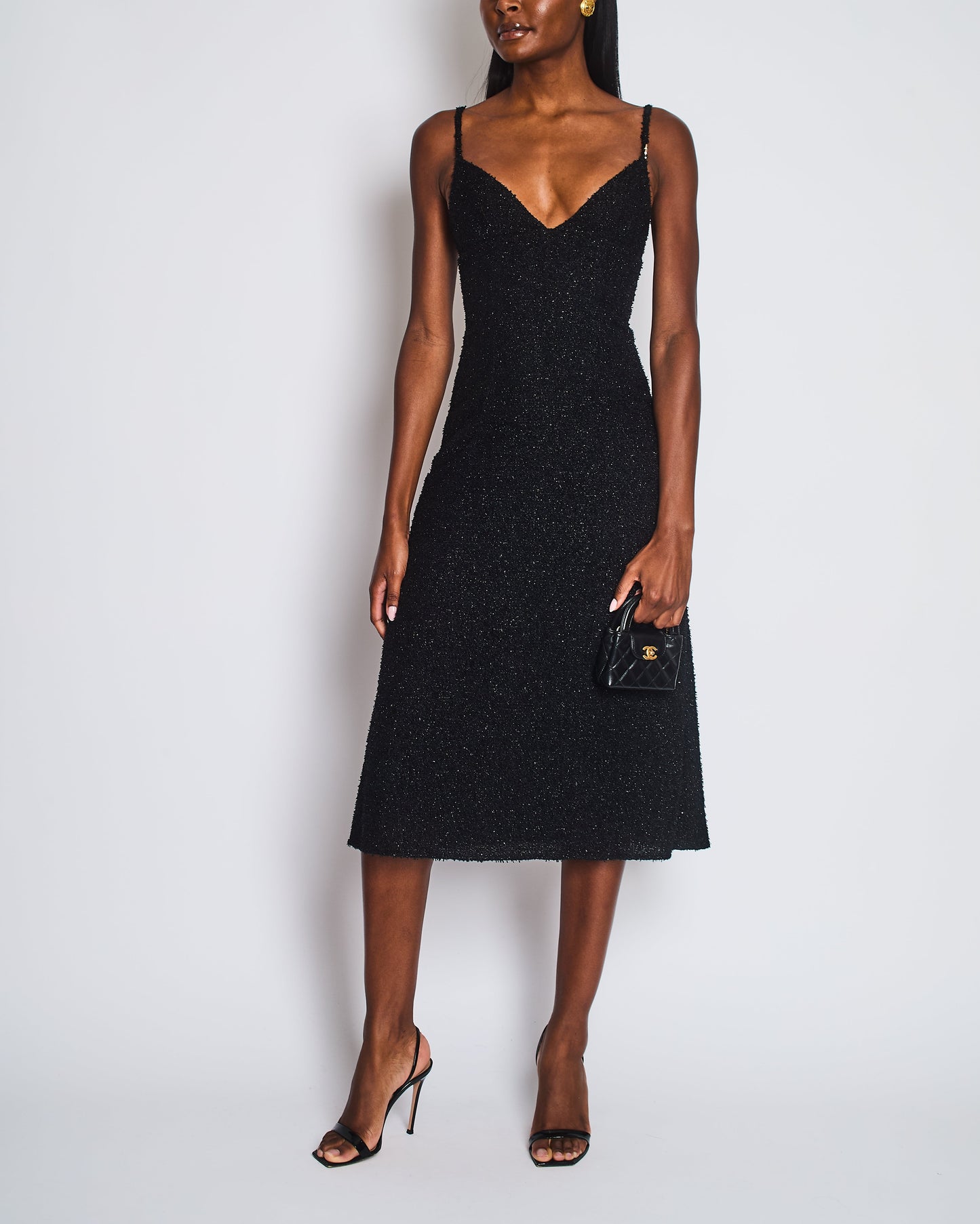 Chanel Black Metallic Tweed Straight Midi Dress with Pocket Detail and CC Crystal Clip Size FR 34 (UK 6)