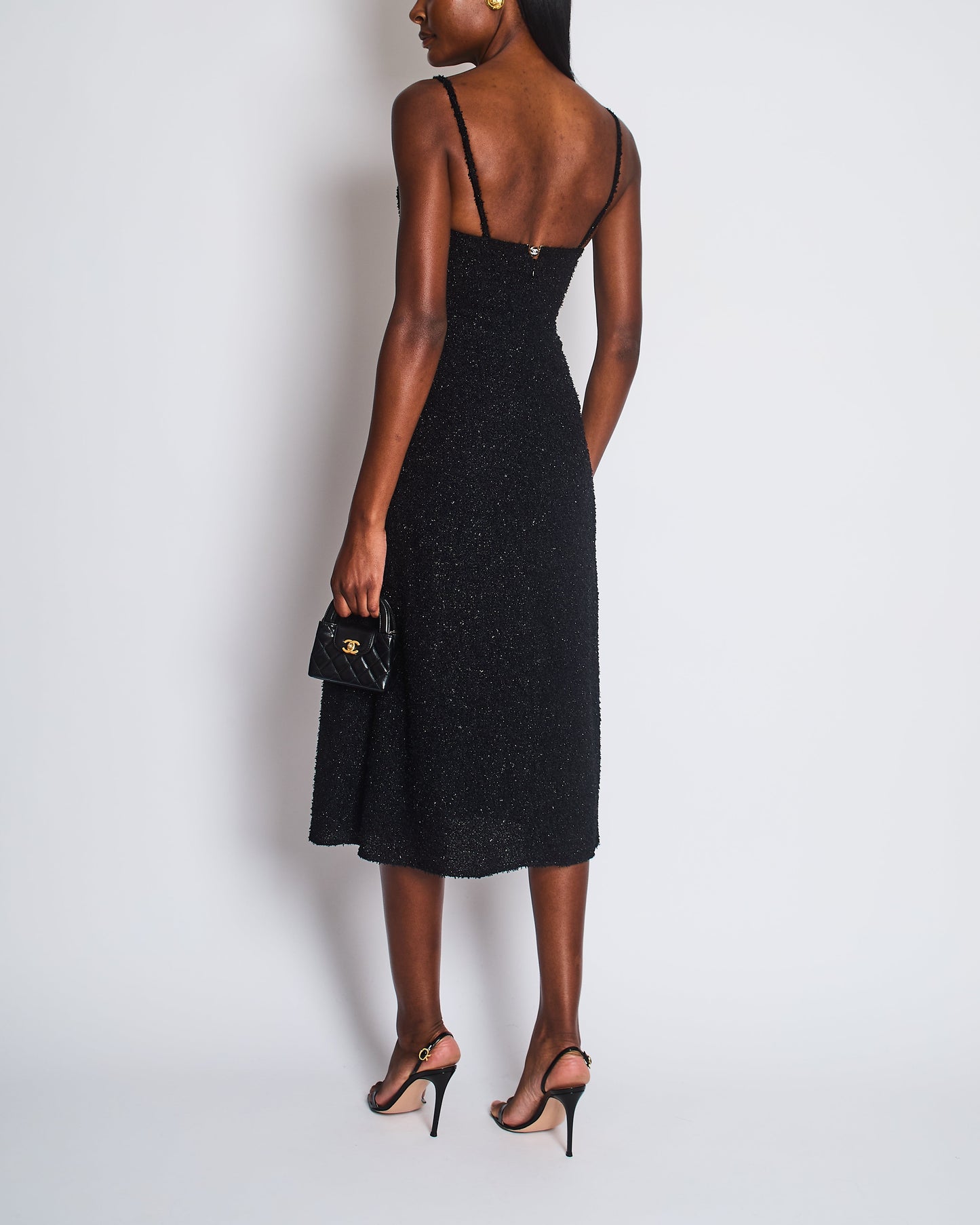 Chanel Black Metallic Tweed Straight Midi Dress with Pocket Detail and CC Crystal Clip Size FR 34 (UK 6)