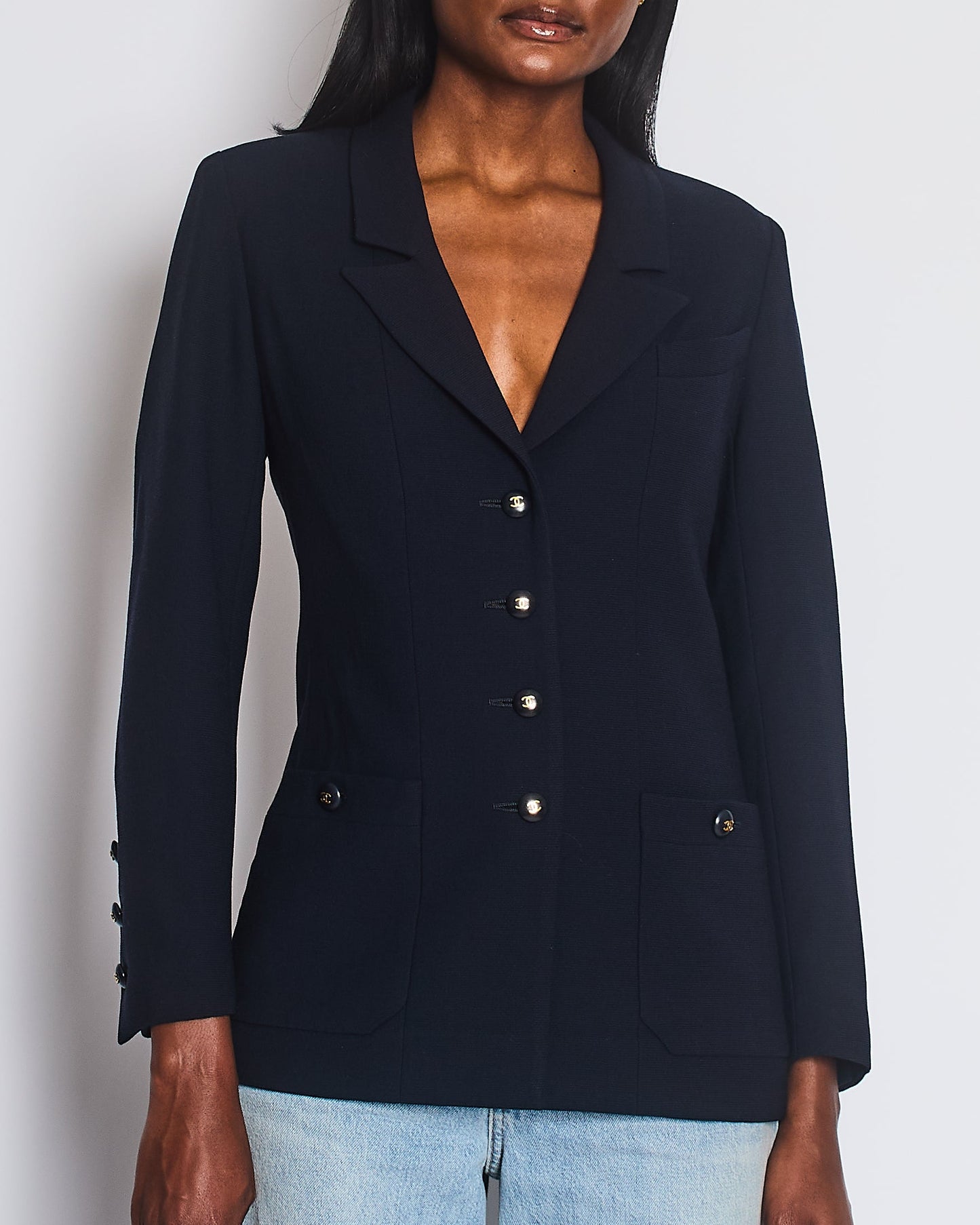 Chanel   Navy Jacket with Black and Gold CC Buttons and Pocket Detail Size FR 38/40 (UK 10/12)